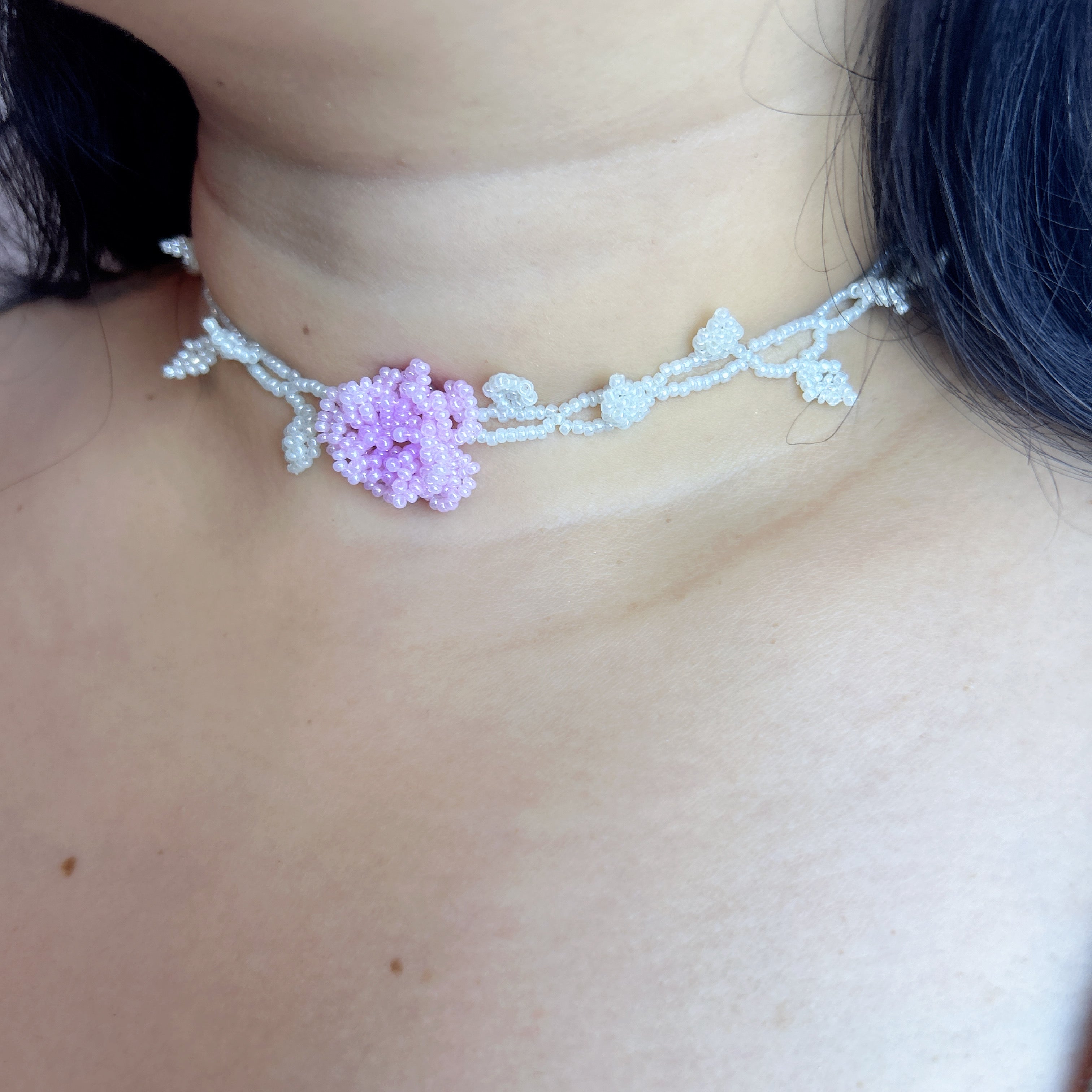 Handmade White Vine & Leaf Beaded Choker Necklace | 3D Pink Hydrangea Rose Center Fairycore Bridal Collar