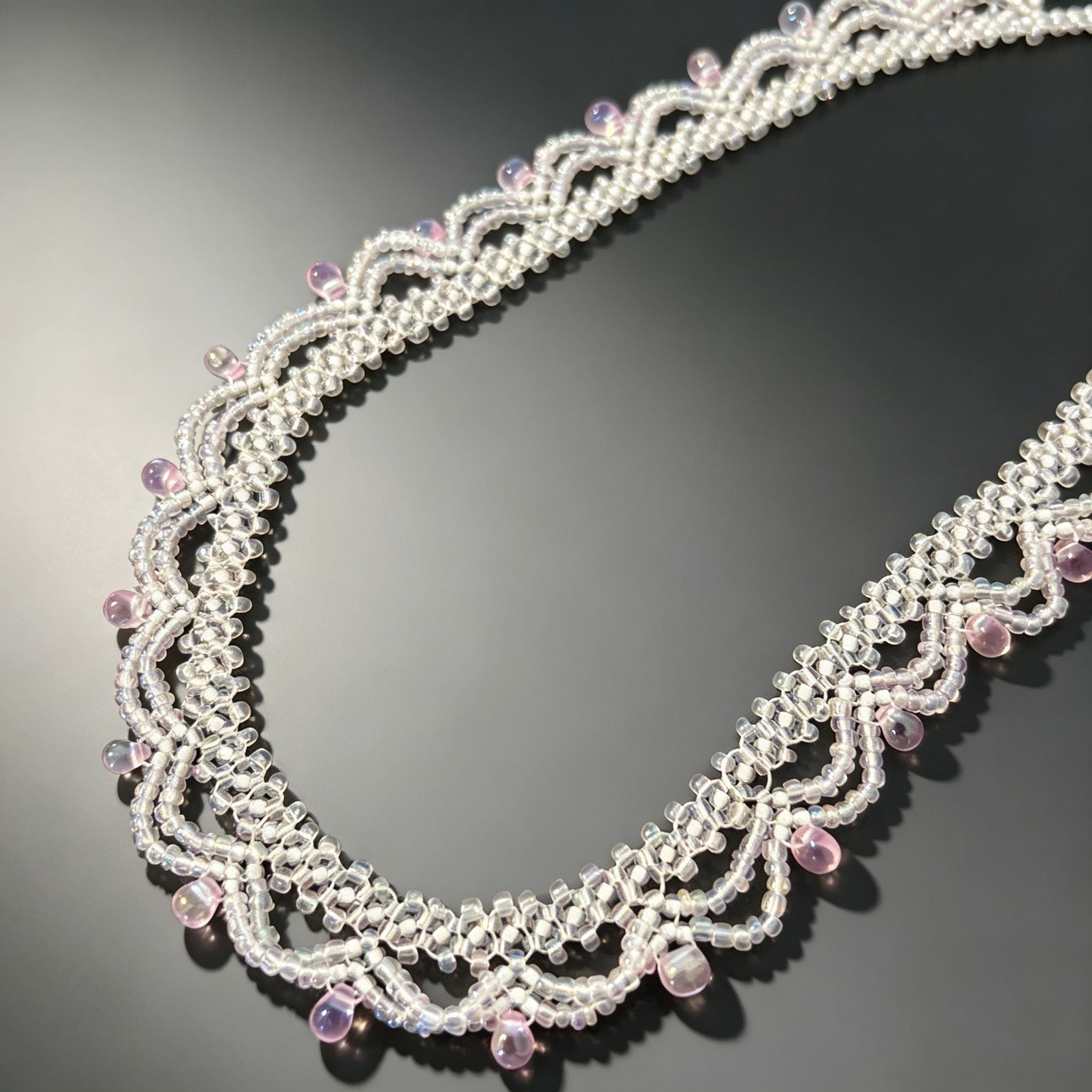Handmade White & Blush Pink Lace Scallop Beaded Choker Necklace | Bridal Seed Bead Collar