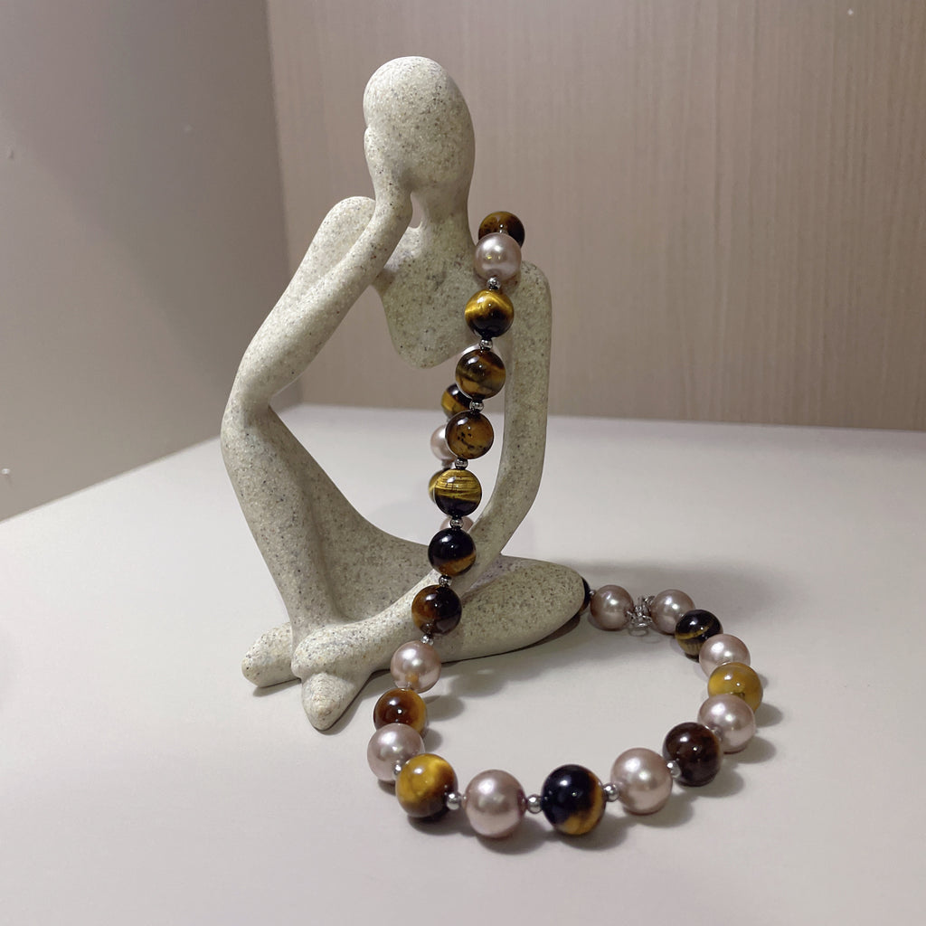 Handmade Tiger Eye & Pink Freshwater Pearl Choker Necklace | Natural Stone Gold Spacer