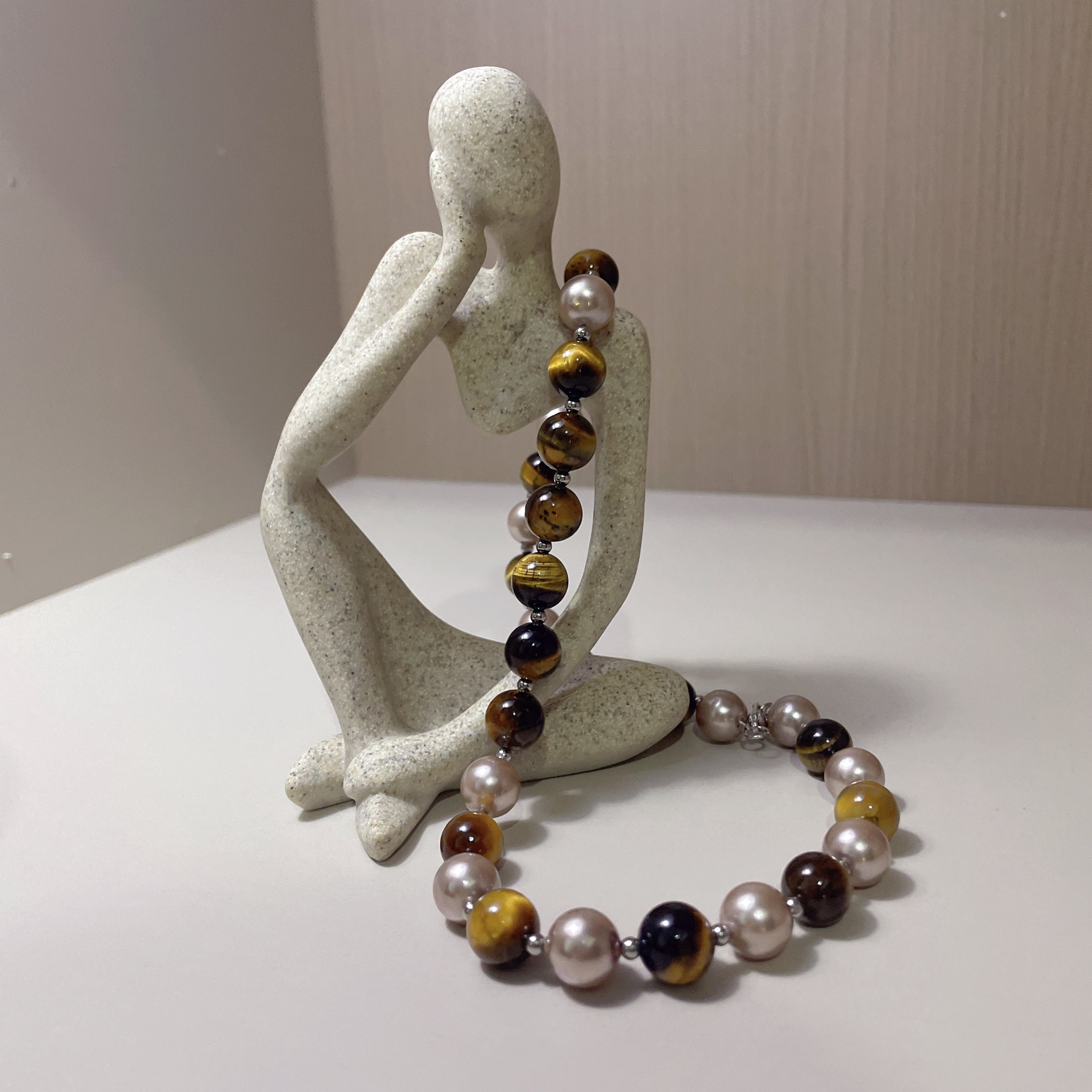 Handmade Tiger Eye & Pink Freshwater Pearl Choker Necklace | Natural Stone Gold Spacer