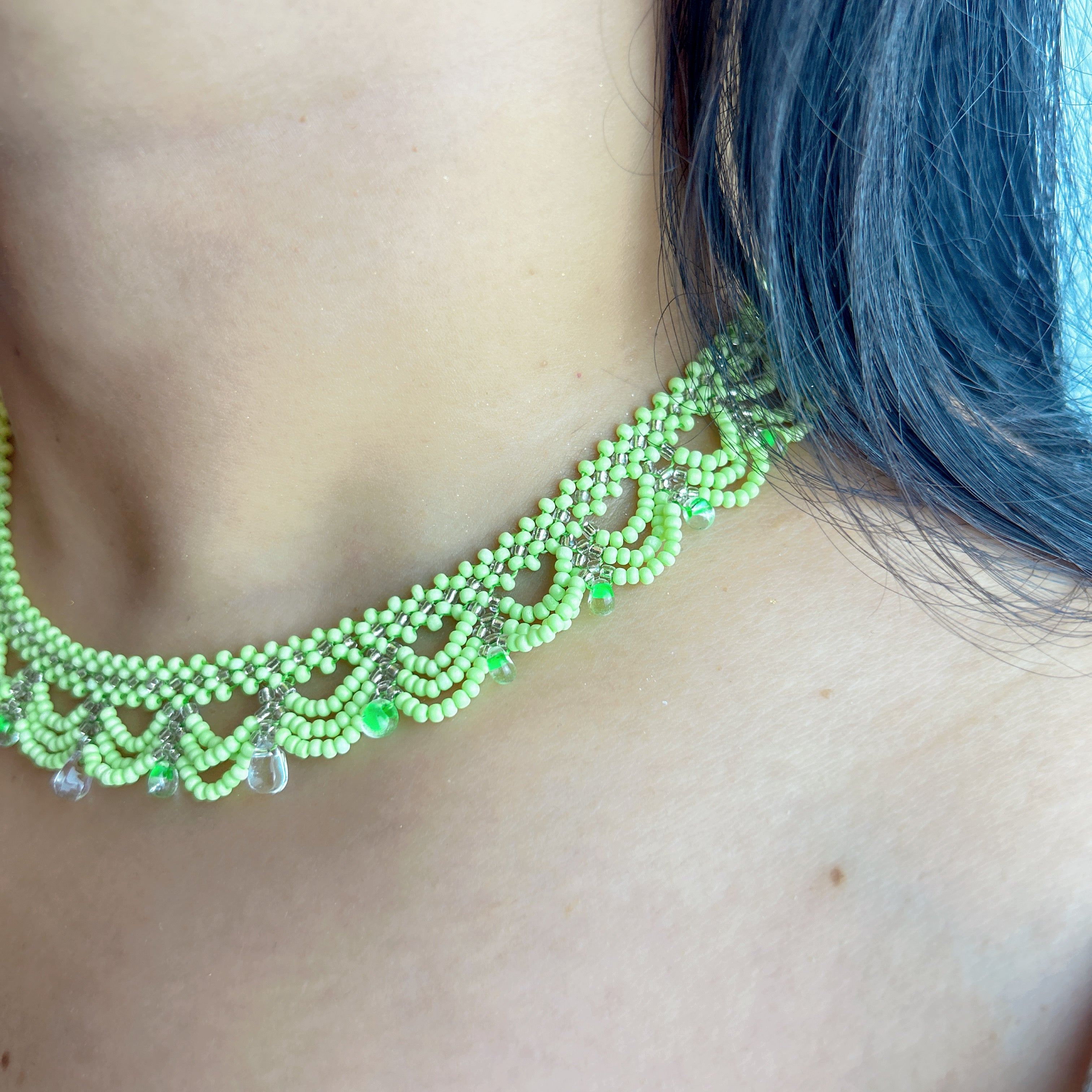 Handmade Apple Green & White Multi-Layer Scallop Wave Lace Beaded Choker Necklace | Bead Drop Fringe Spring Cottagecore Collar