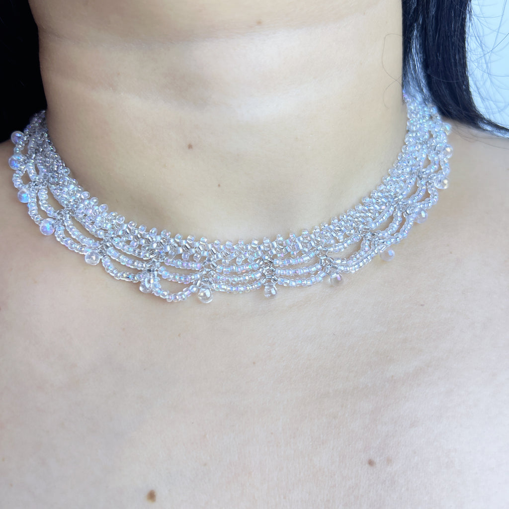 Handmade All White Multi-Layer Scallop Wave Lace Beaded Choker Necklace | Bridal Wedding Fairycore Collar