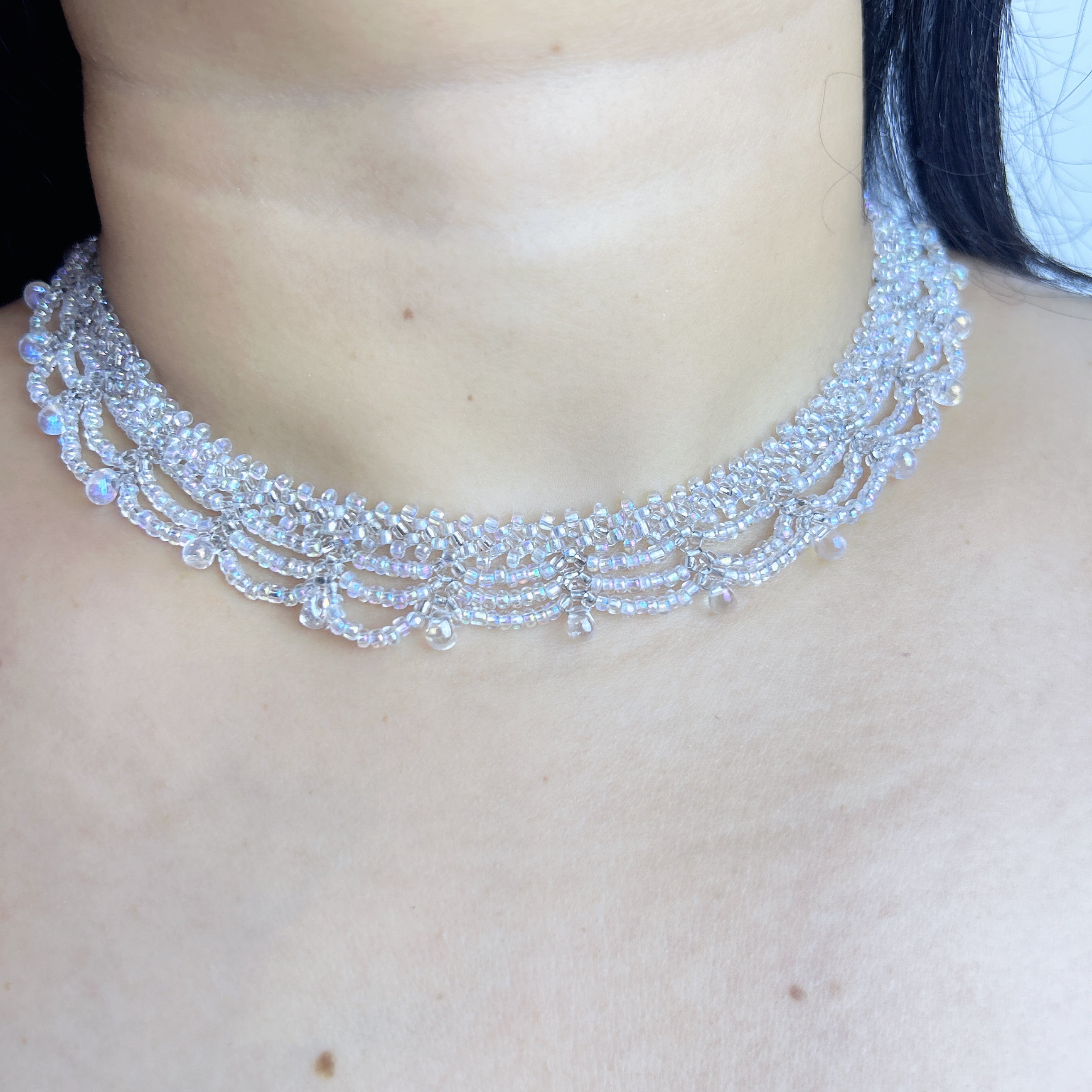 Handmade All White Multi-Layer Scallop Wave Lace Beaded Choker Necklace | Bridal Wedding Fairycore Collar