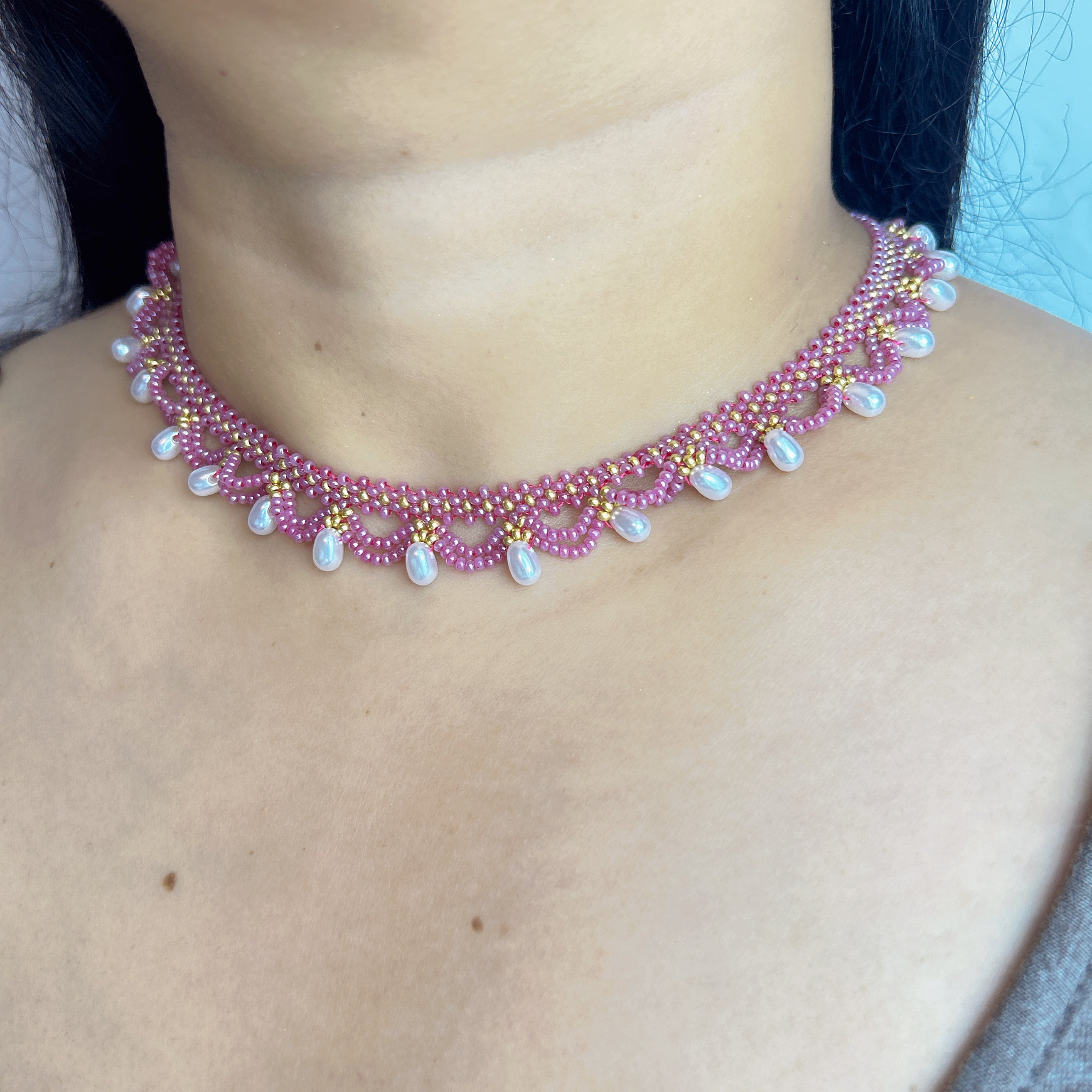 Handmade Rose Pink & Gold Wave Lace Beaded Choker Necklace | Freshwater Pearl Drop Fringe Romantic Collar