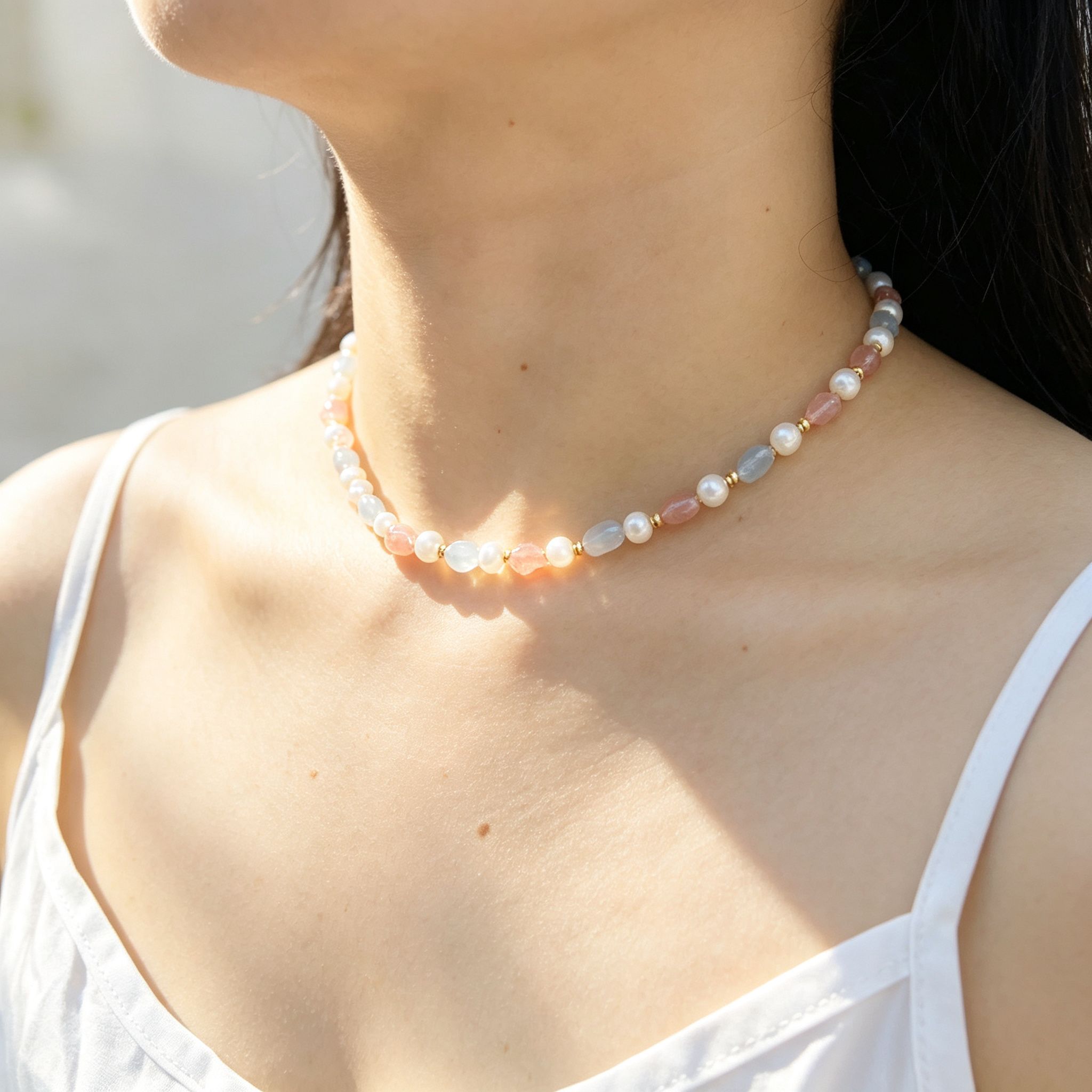 Handmade Morganite Pearl & Aquamarine Mixed Stone Choker Necklace | Pastel Pink Blue Gold