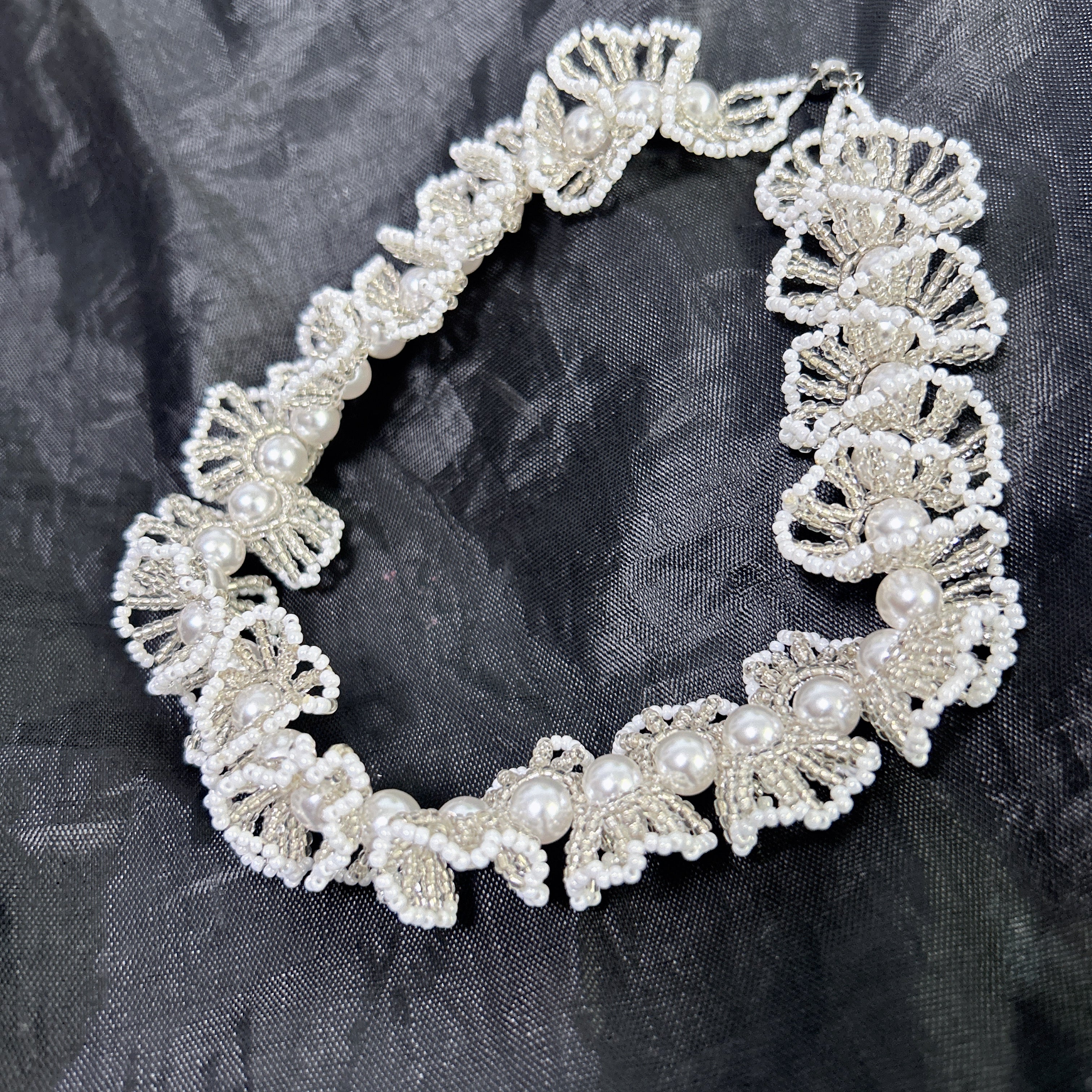 Handmade White & Silver 3D Flower Garland Choker Necklace | Pearl Center Bridal Wedding Statement Collar
