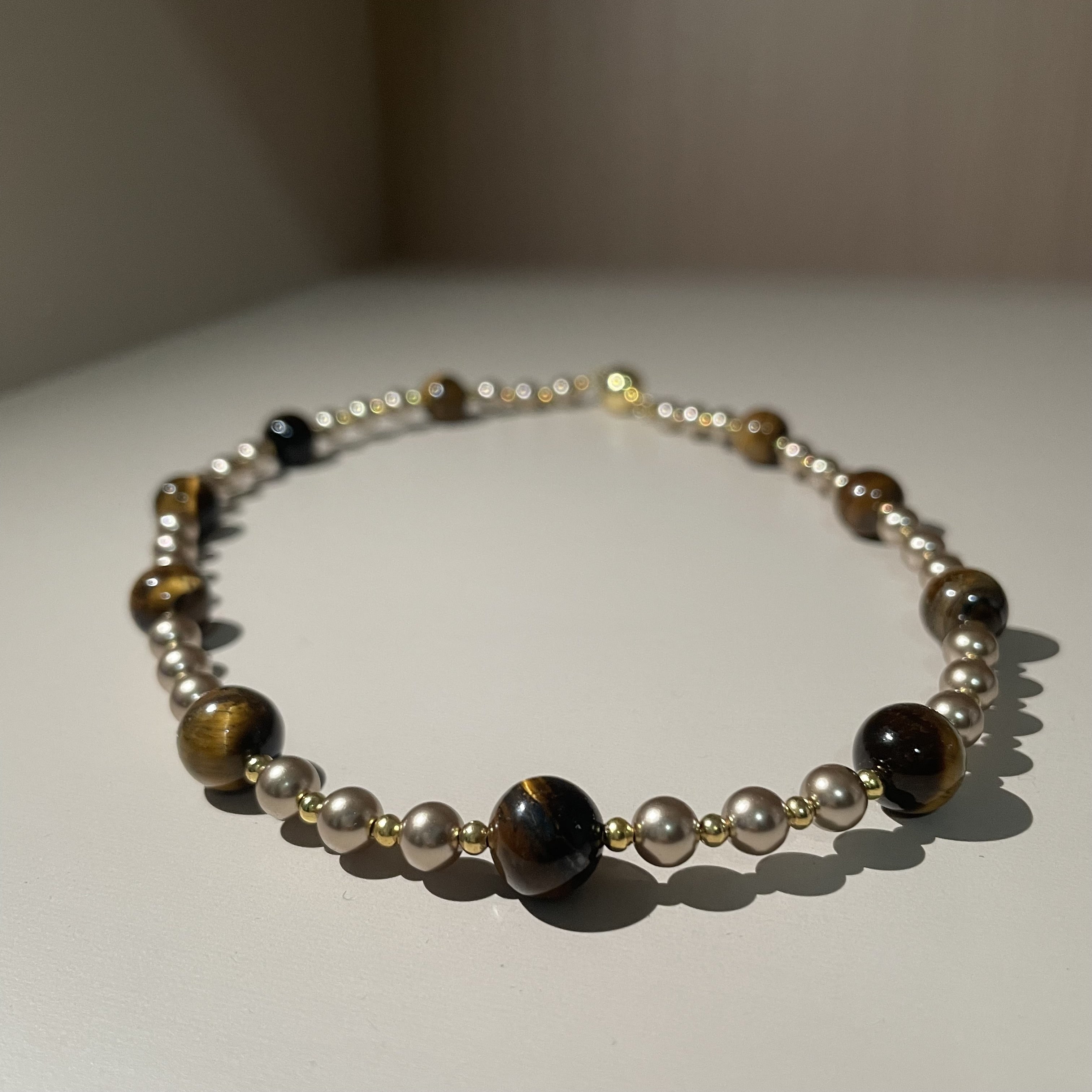 Handmade Tiger Eye & Gold Bead Choker Necklace | Natural Stone Alternating Design