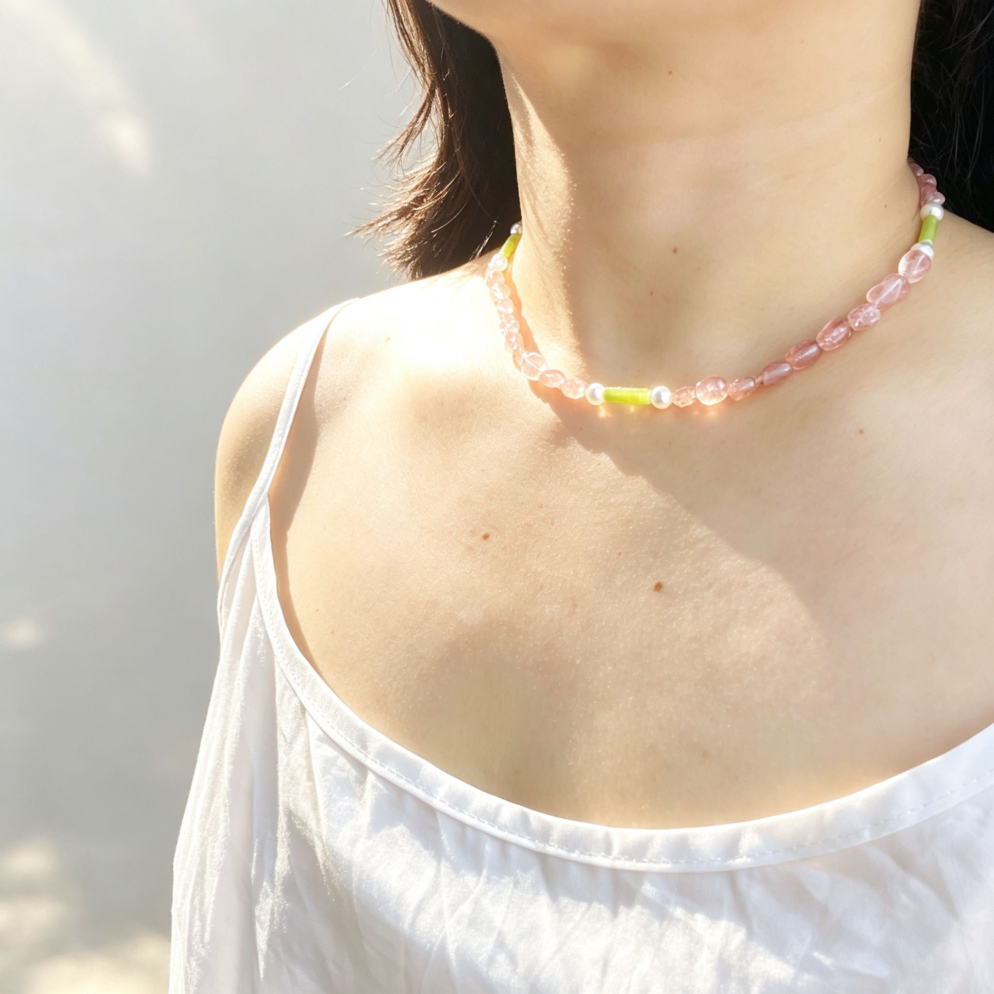 Handmade Strawberry Quartz & Green Jade Tube Pearl Necklace | Gold Lobster Clasp Heart Charm