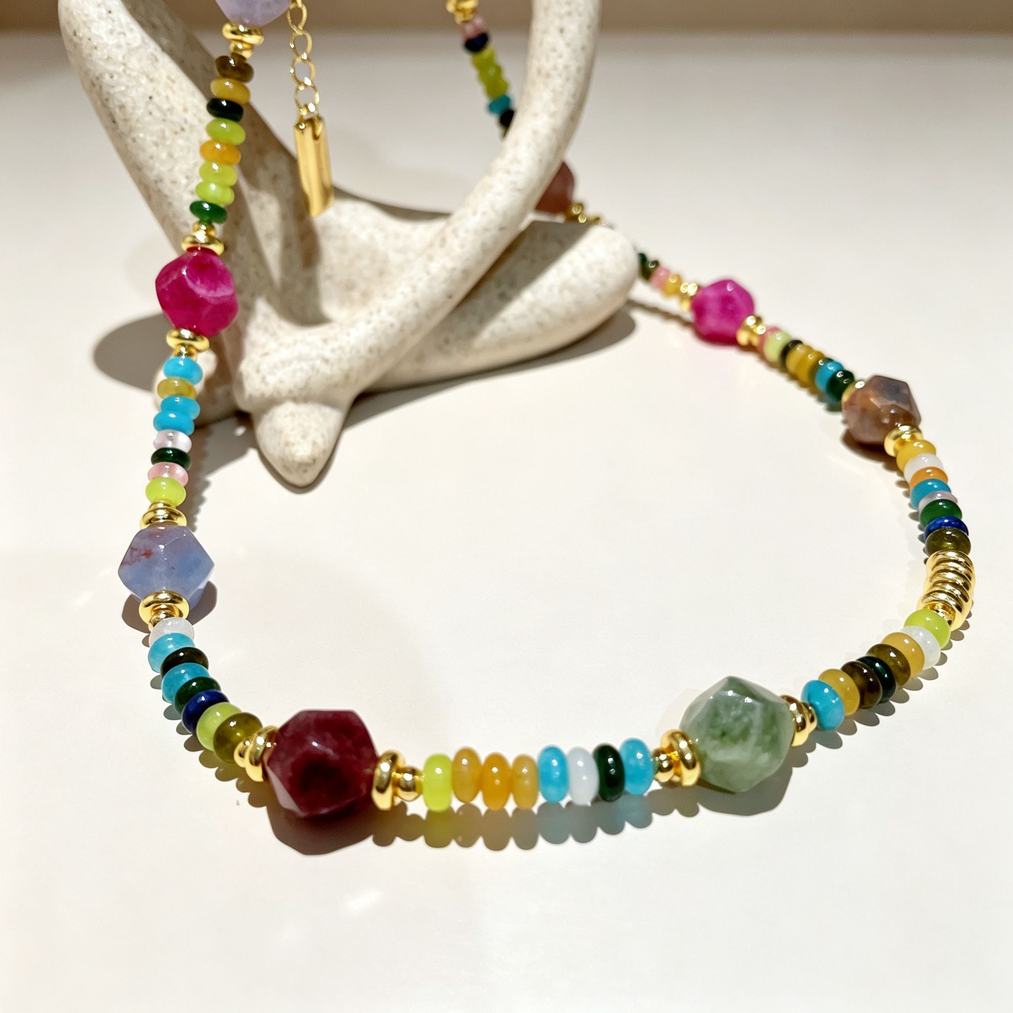Handmade Multicolor Natural Stone Beaded Necklace | Agate Jasper Faceted Gem Gold Spacer Boho