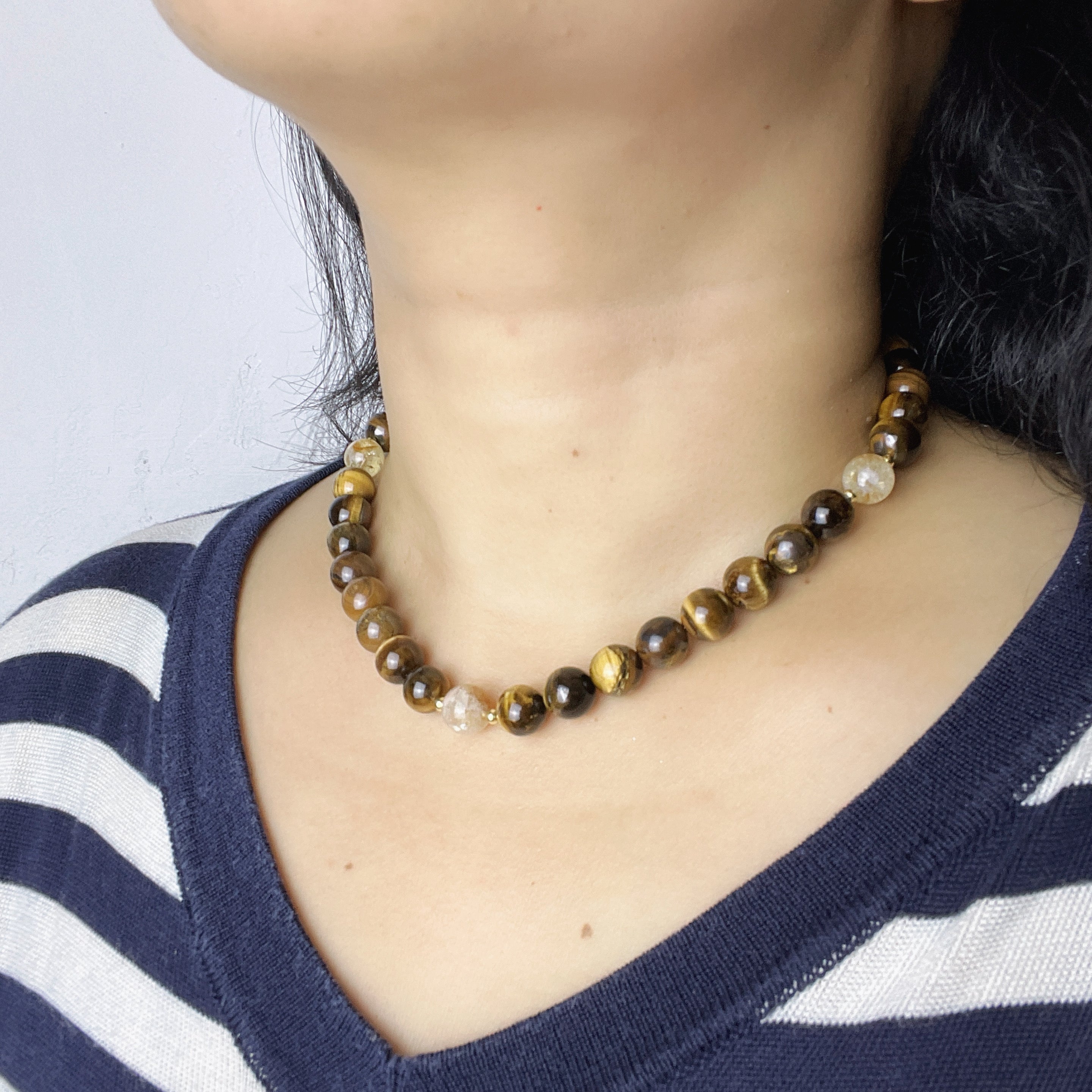 Handmade Tiger Eye Stone & Freshwater Pearl Beaded Necklace | Gold Brown Natural Stone Silver Spacer
