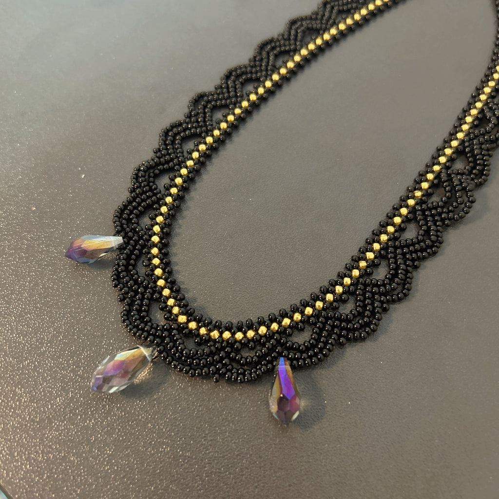 Handmade Black Multi-Layer Wave Lace Beaded Choker Necklace | AB Crystal Teardrop Drop Gothic Fairycore Collar