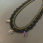 Handmade Black Multi-Layer Wave Lace Beaded Choker Necklace | AB Crystal Teardrop Drop Gothic Fairycore Collar