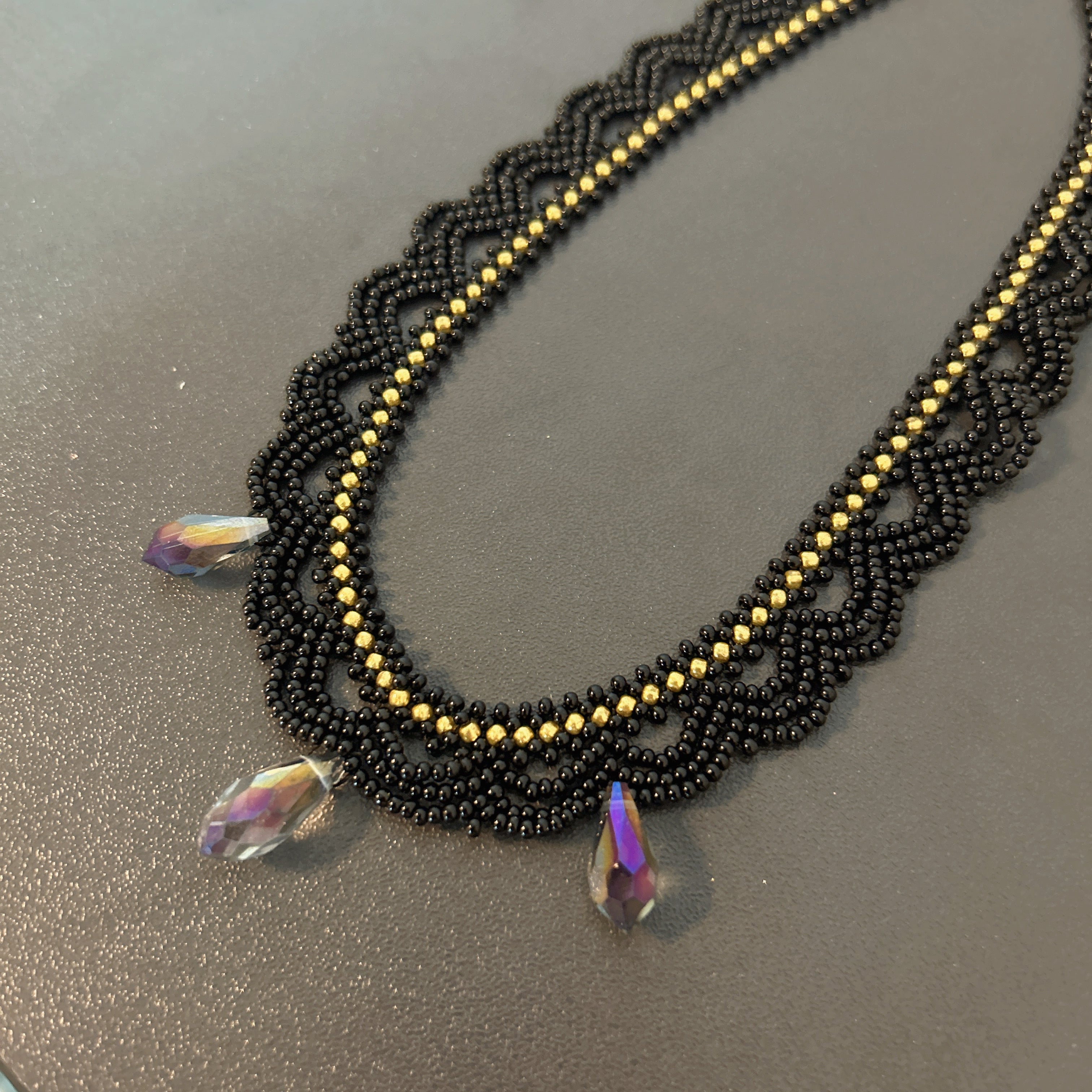Handmade Black Multi-Layer Wave Lace Beaded Choker Necklace | AB Crystal Teardrop Drop Gothic Fairycore Collar