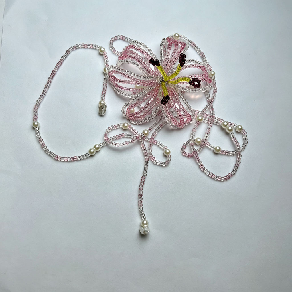 Handmade 3D Pink Flower Beaded Statement Necklace | Fairycore Floral Lariat with Pearl Fringe