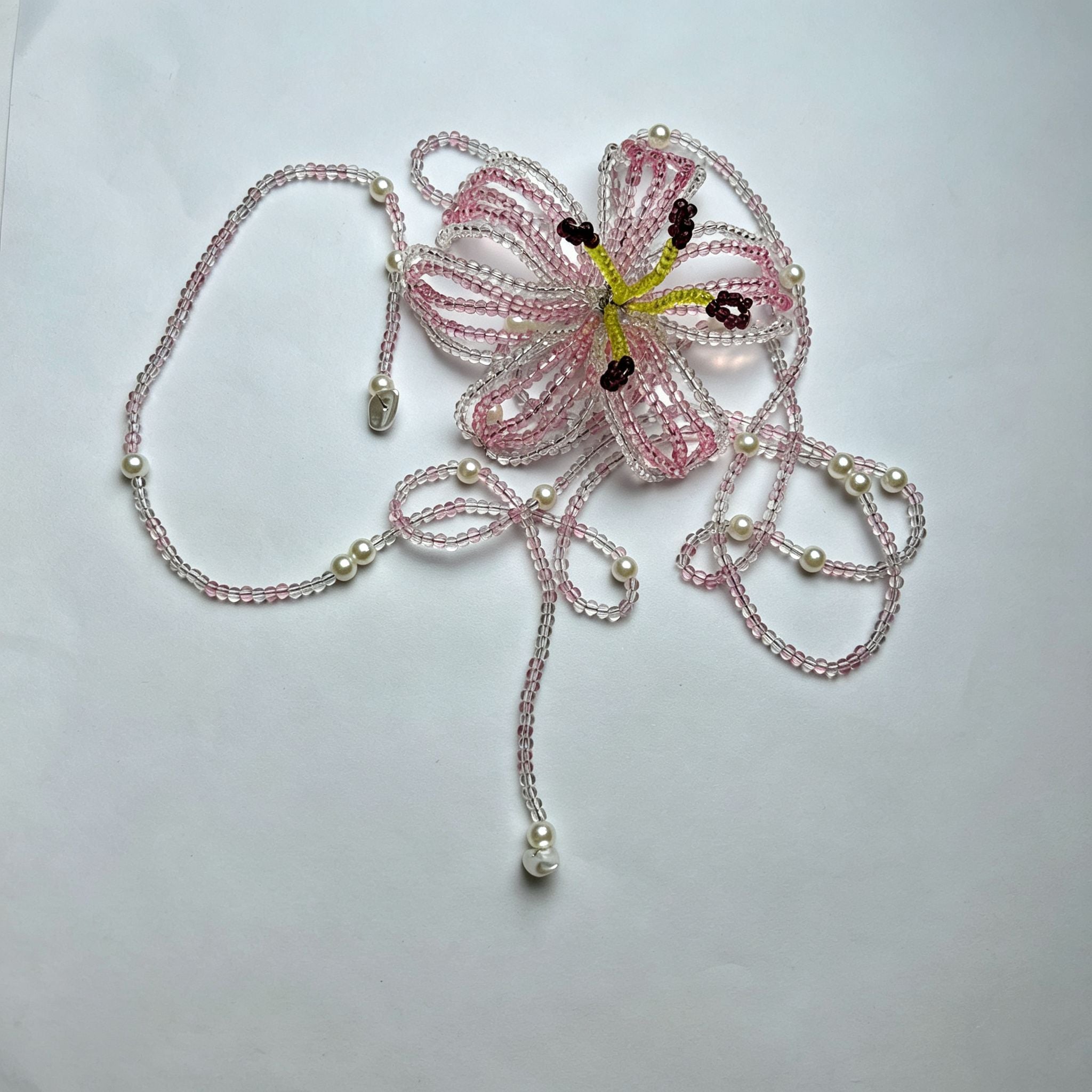 Handmade 3D Pink Flower Beaded Statement Necklace | Fairycore Floral Lariat with Pearl Fringe