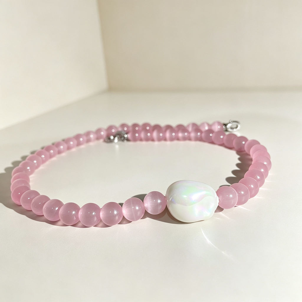Handmade Pink Cat Eye Stone Bead Choker Necklace | Baroque Pearl Accent