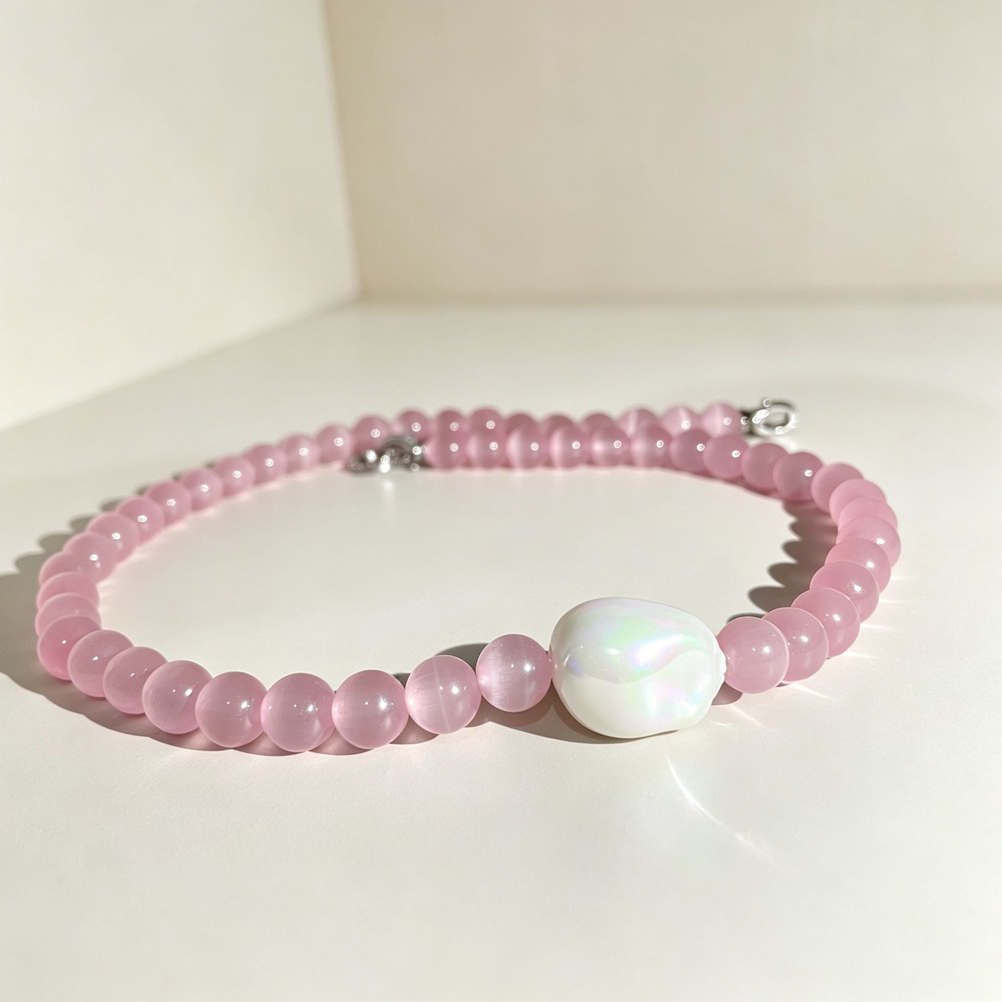 Handmade Pink Cat Eye Stone Bead Choker Necklace | Baroque Pearl Accent