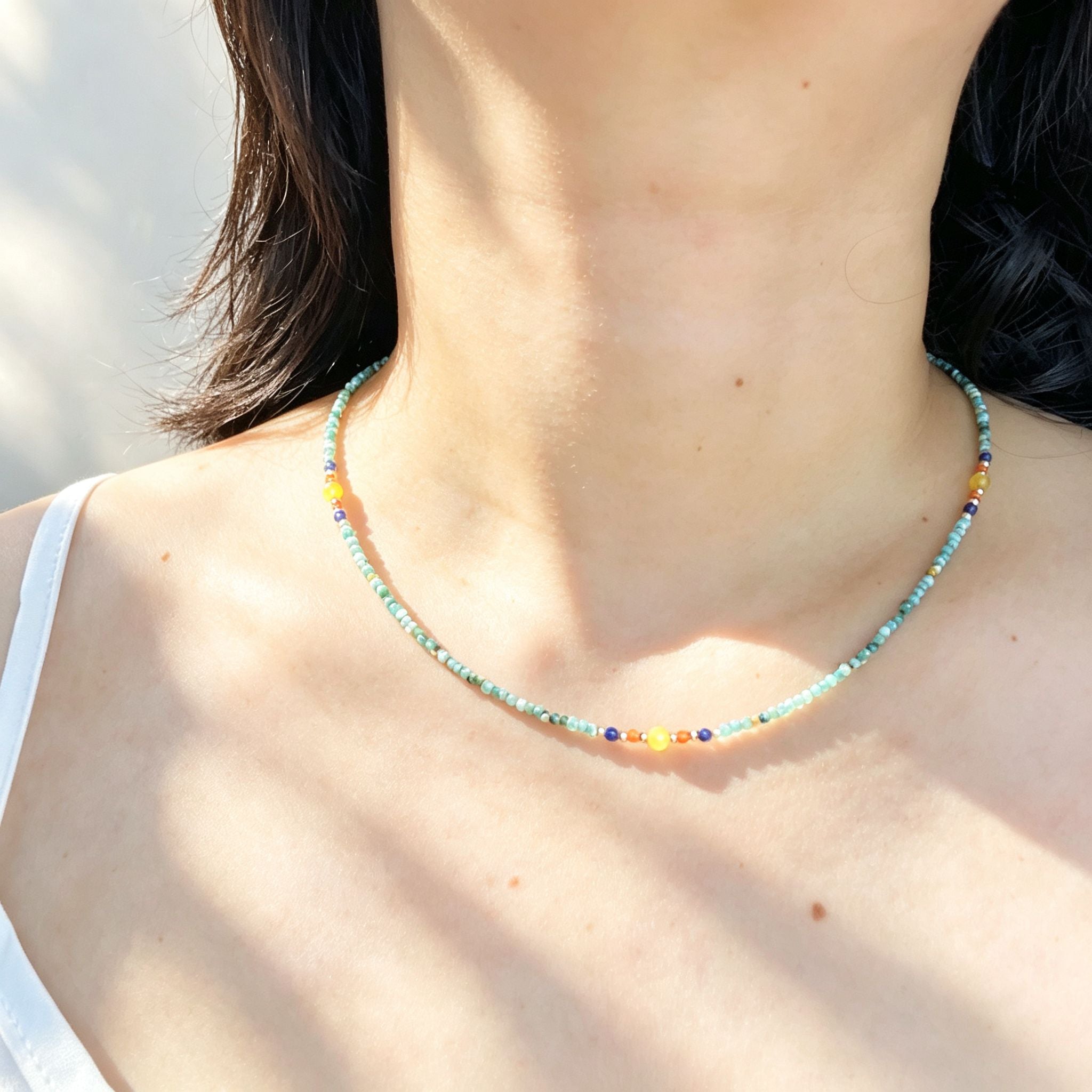 Handmade Mint Green Seed Bead Choker Necklace | Orange Agate Navy Blue Gold Accent