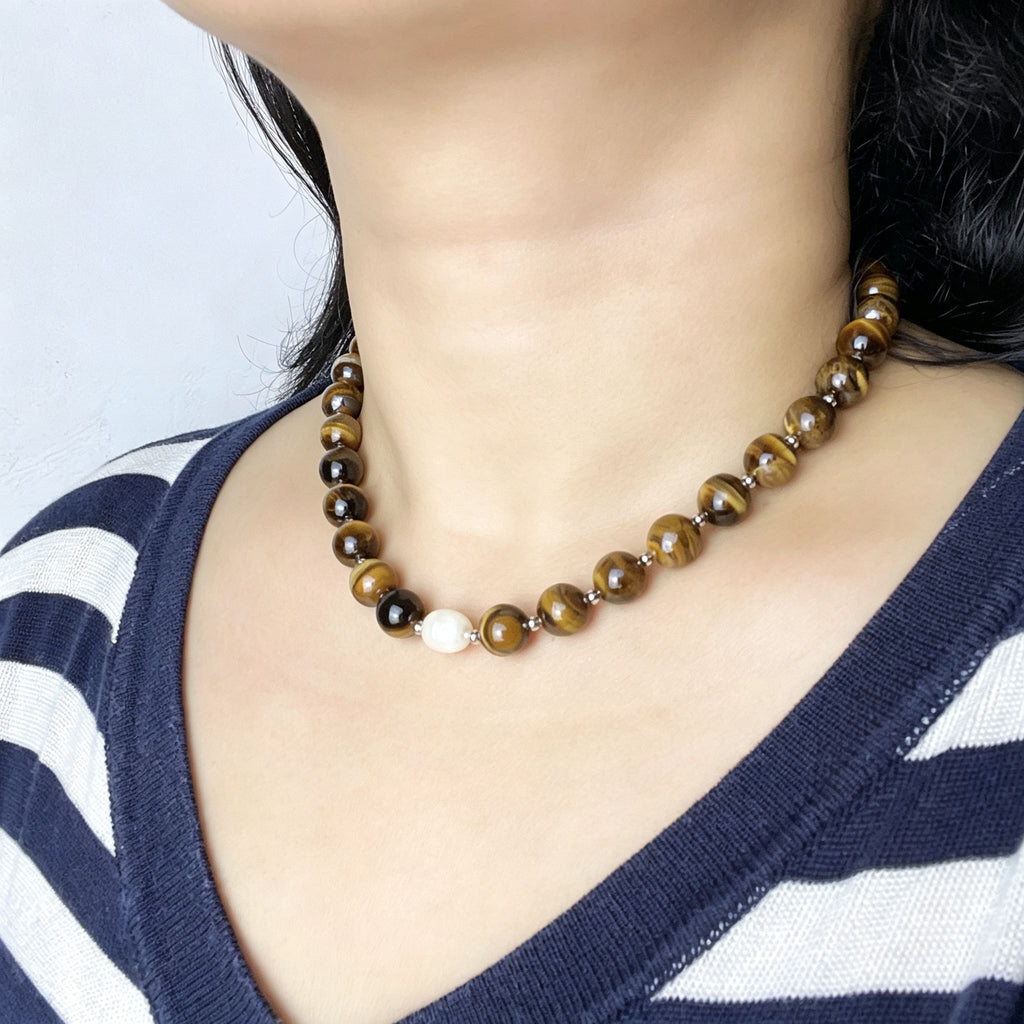 Handmade Tiger Eye Baroque Pearl Statement Necklace | Natural Stone Jewelry