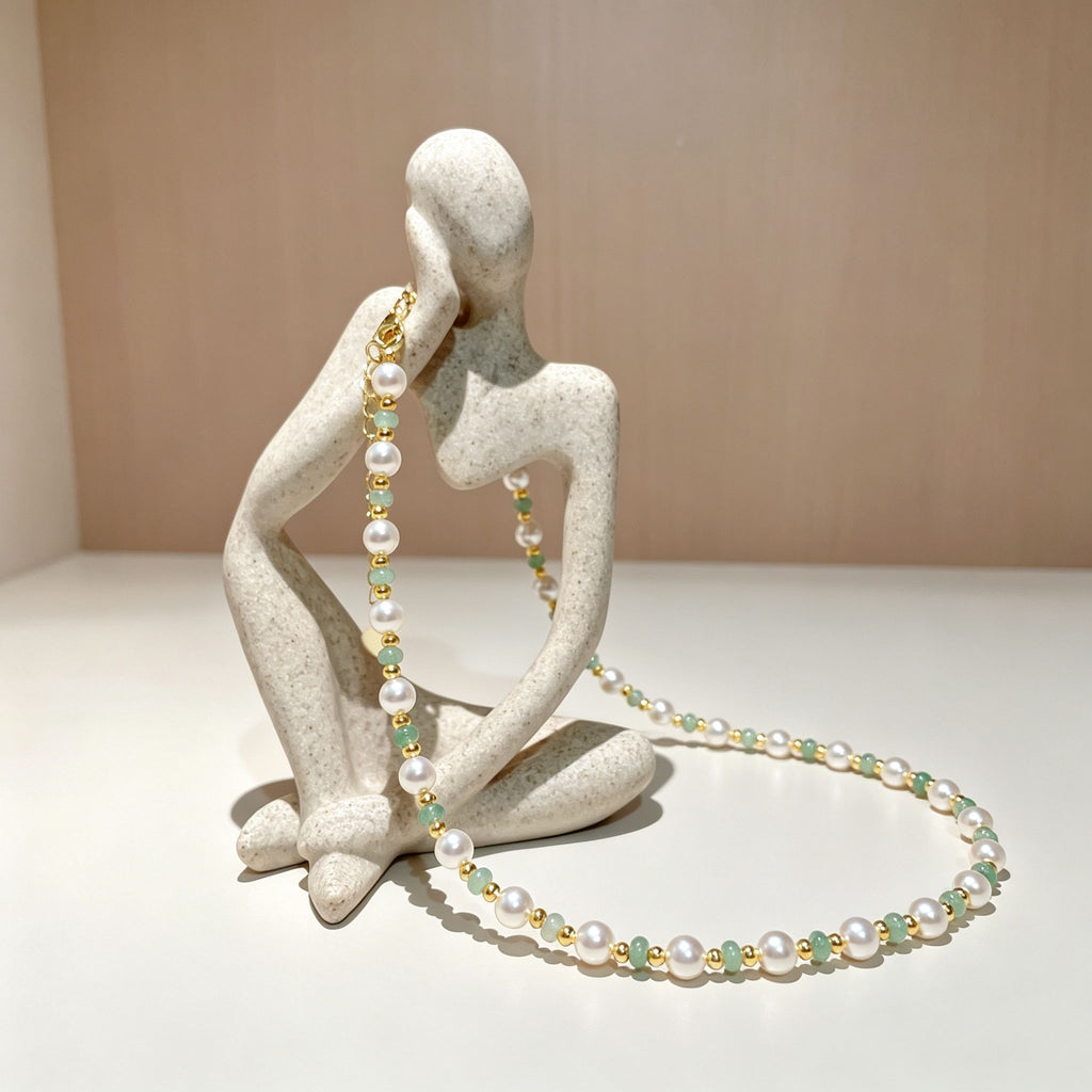 Handmade Pearl & Sage Green Seed Bead Choker Necklace | Gold Spacer Elegant Jewelry