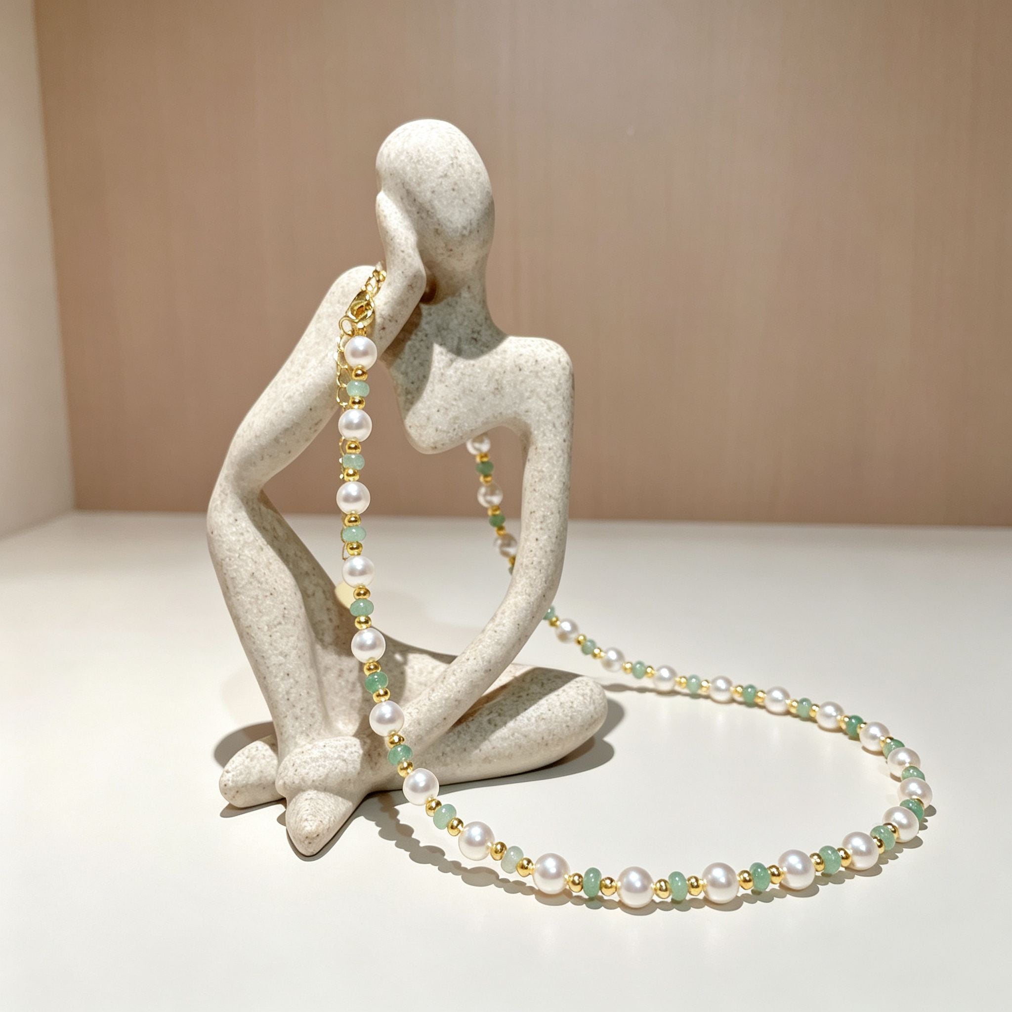 Handmade Pearl & Sage Green Seed Bead Choker Necklace | Gold Spacer Elegant Jewelry