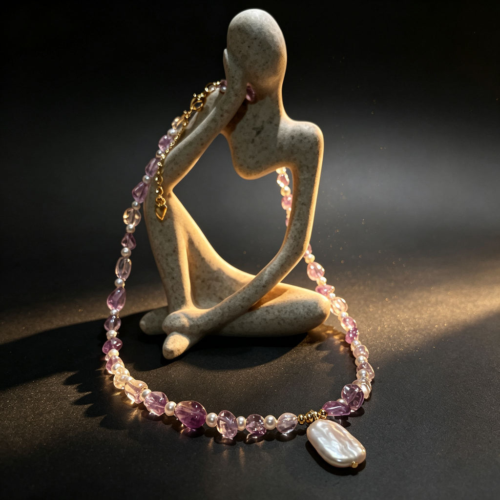 Handmade Amethyst & Citrine Crystal Baroque Pearl Beaded Necklace | Purple Yellow Natural Stone Luxe