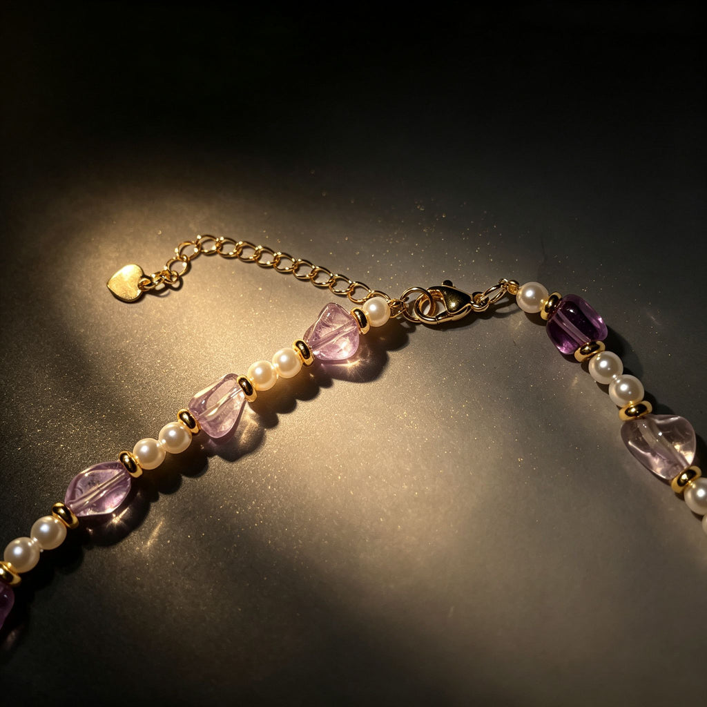 Handmade Amethyst Tumbled Stone & Pearl Choker Necklace | Gold Spacer Natural Stone Jewelry