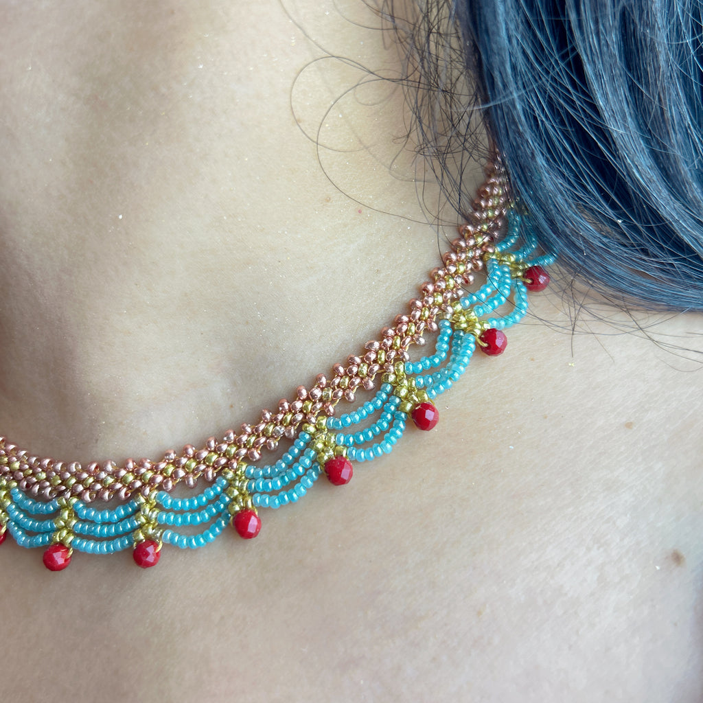 Handmade Rose Gold & Sky Blue Scallop Beaded Choker Necklace | Red Bead Drop Boho Wide Collar