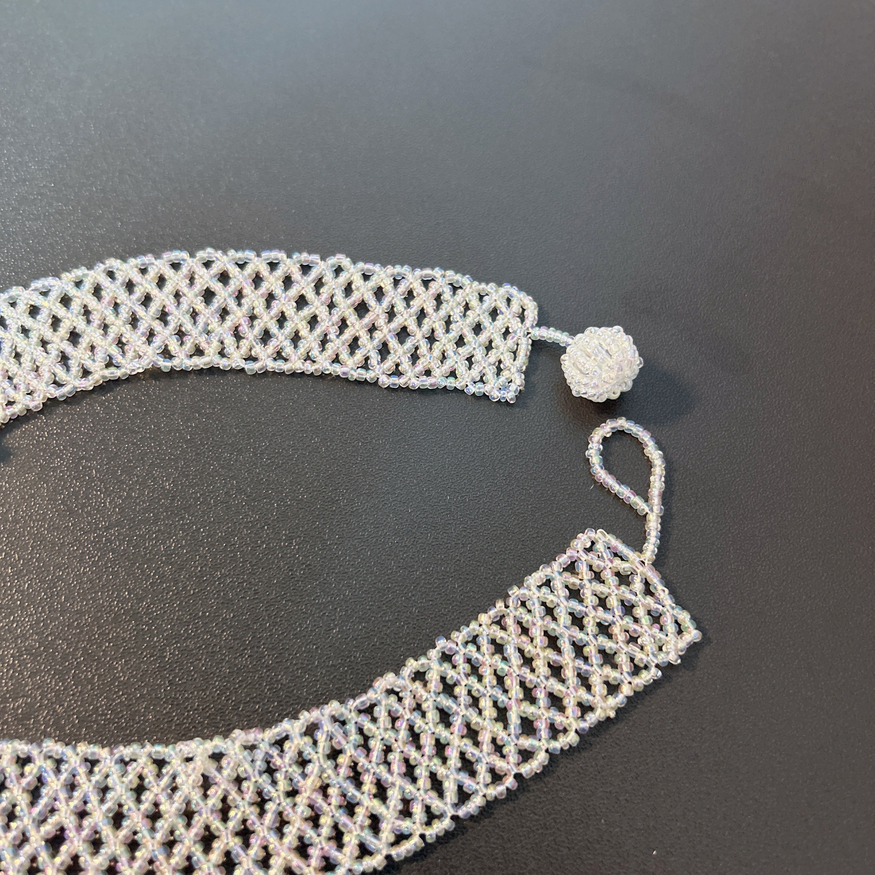 Handmade White Transparent Diamond Mesh Beaded Choker Necklace | Heart Pearl Drop Y2K Minimalist Collar