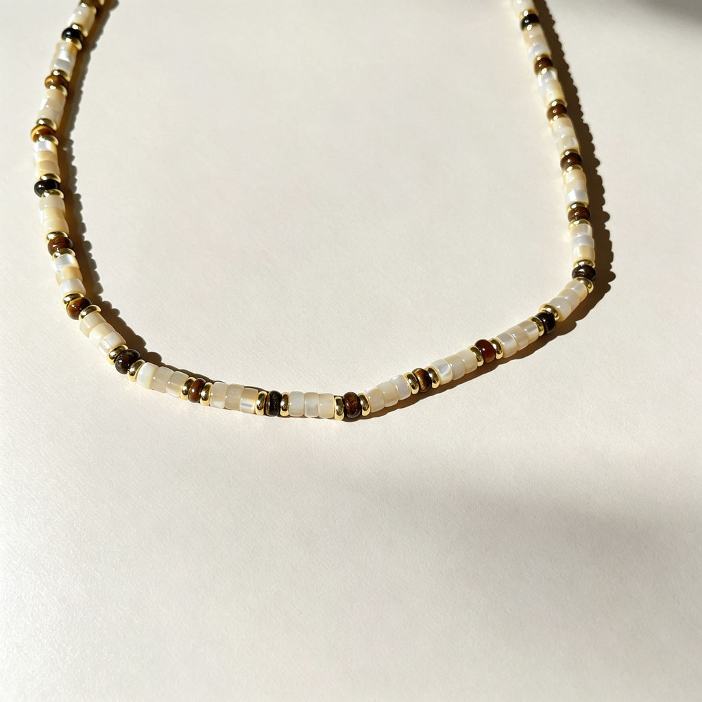 Handmade Cream Seed Bead & Gold Metal Bead Choker Necklace | Minimalist Everyday Jewelry