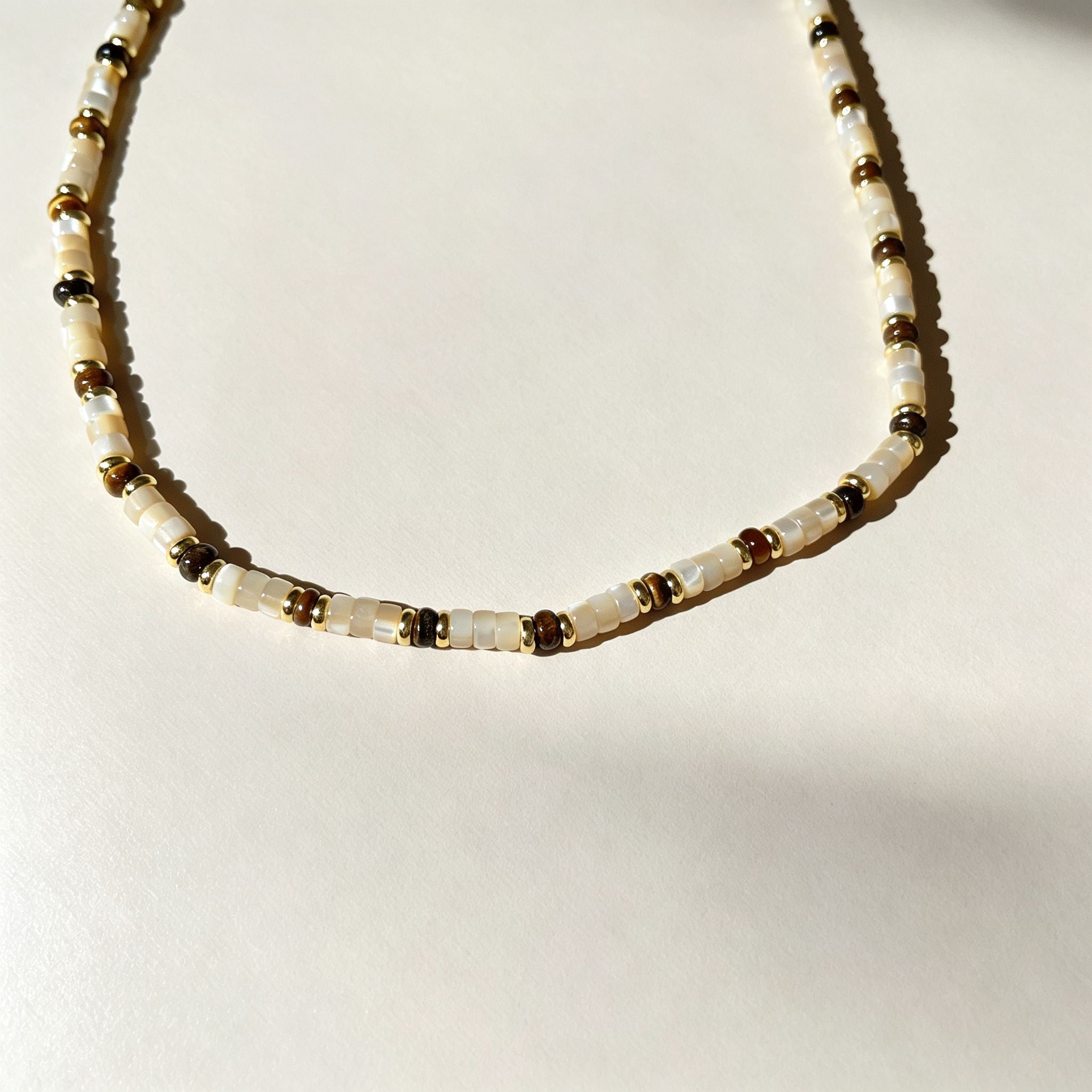 Handmade Cream Seed Bead & Gold Metal Bead Choker Necklace | Minimalist Everyday Jewelry