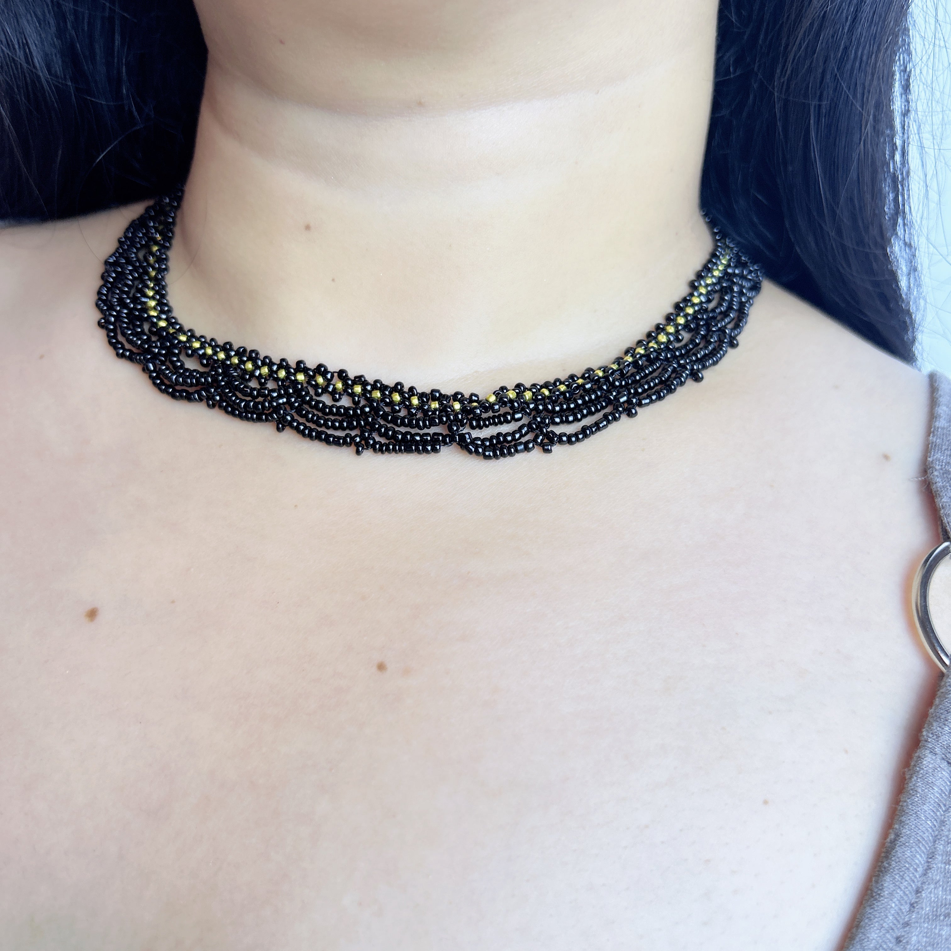 Handmade Black & Olive Green Multi-Strand Drape Wave Beaded Choker Necklace | Gothic Vintage Luxe Statement Collar