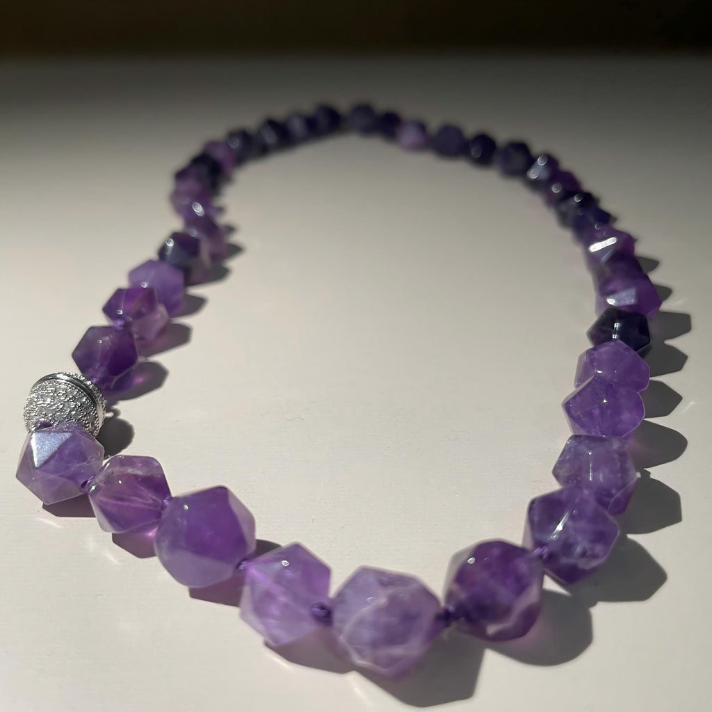 Handmade Deep Purple Amethyst Star-Cut Beaded Choker Necklace | Natural Gemstone Faceted Crystal Collar