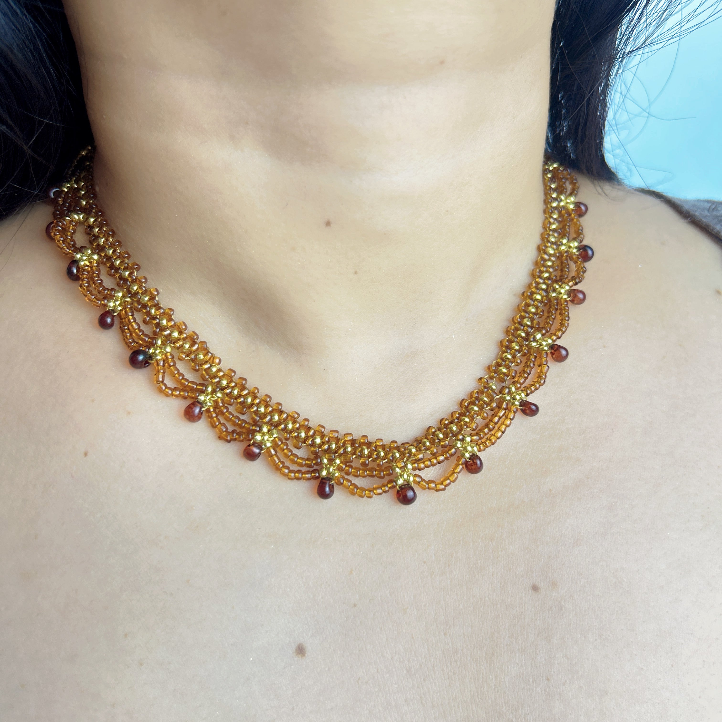 Handmade Gold & Brown Multi-Layer Wave Lace Beaded Choker Necklace | Brown Bead Drop Fringe Vintage Luxe Collar