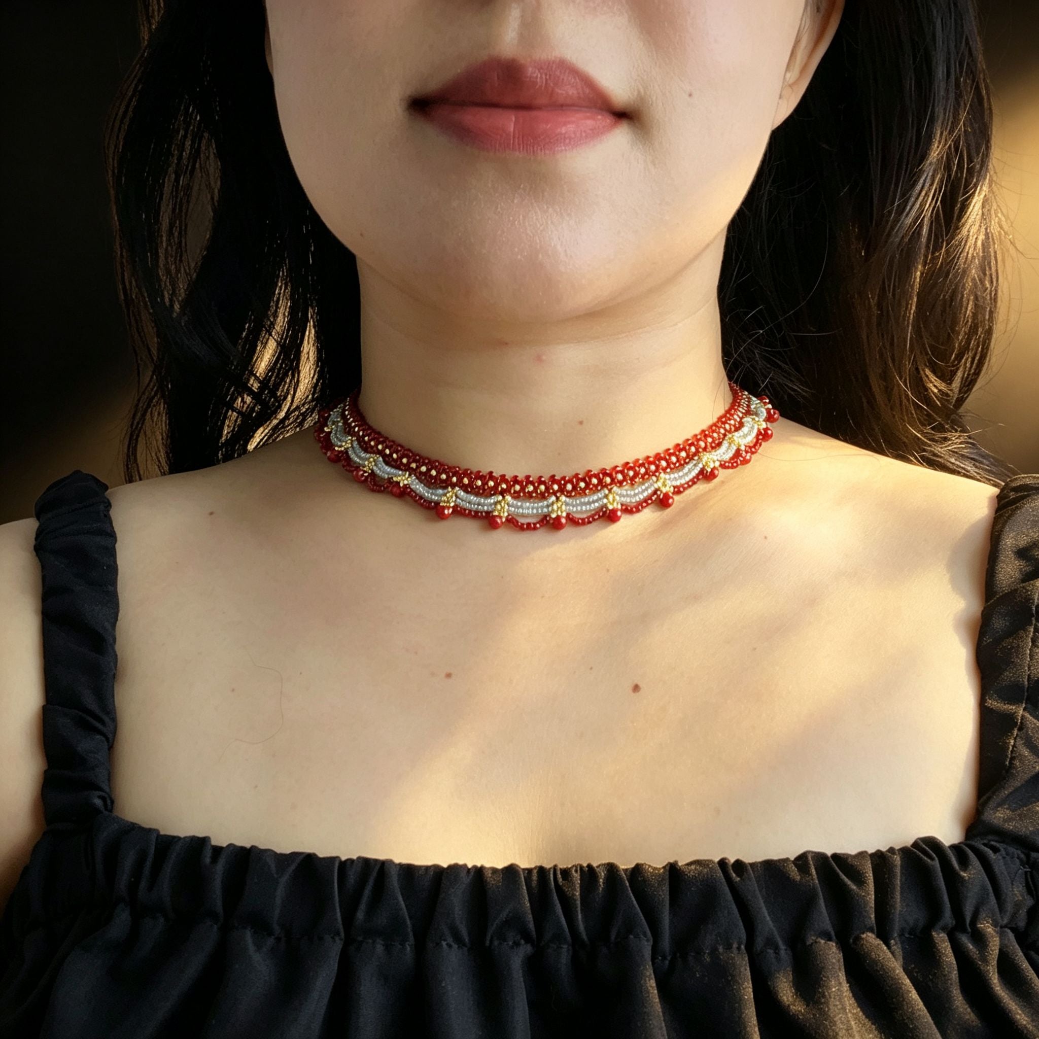 Handmade Red Silver & Gold Double Scallop Beaded Choker Necklace | Luxe Wide Collar Statement