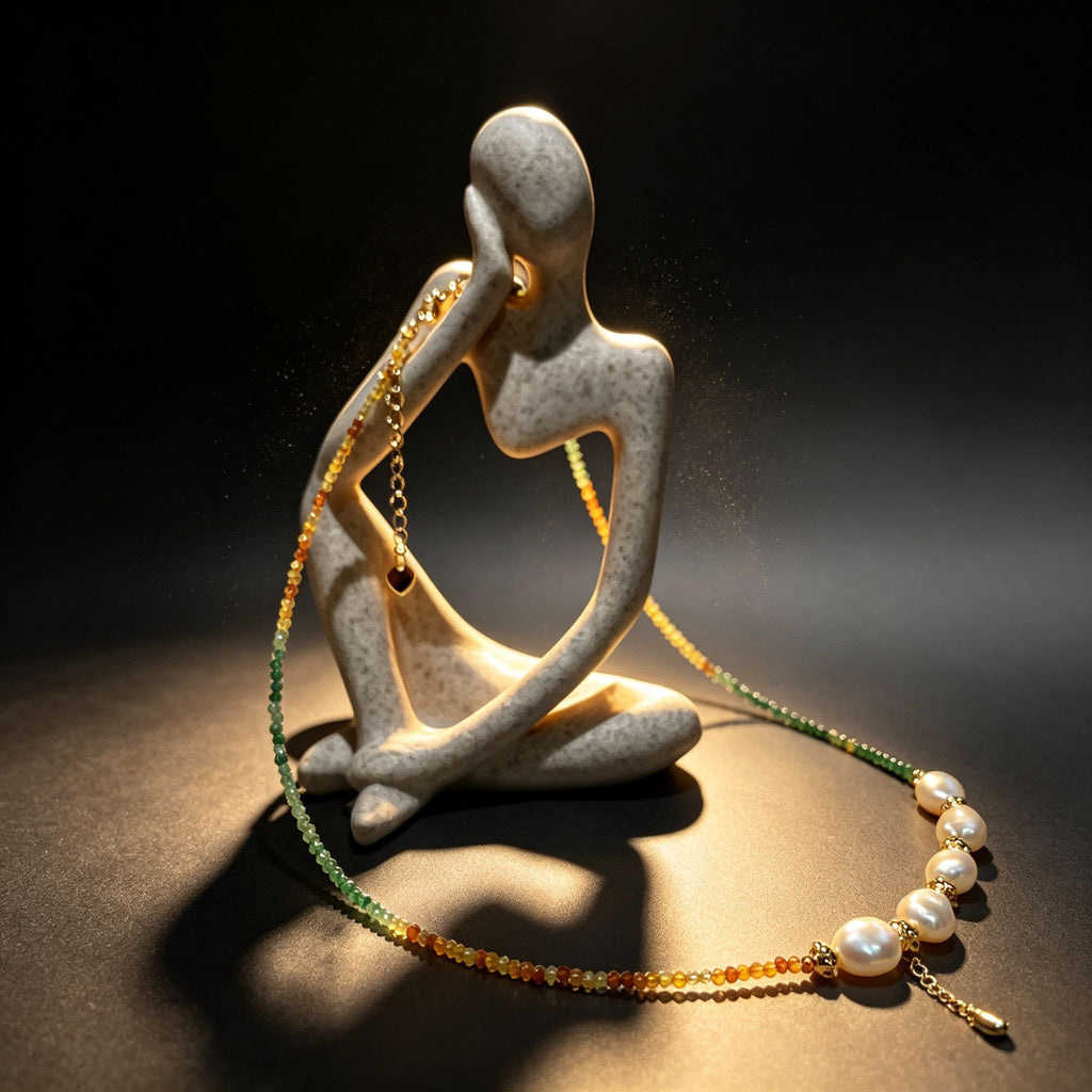 Handmade Green Orange Gradient Crystal Bead Necklace | Baroque Freshwater Pearl Gold Flower Spacer Luxe