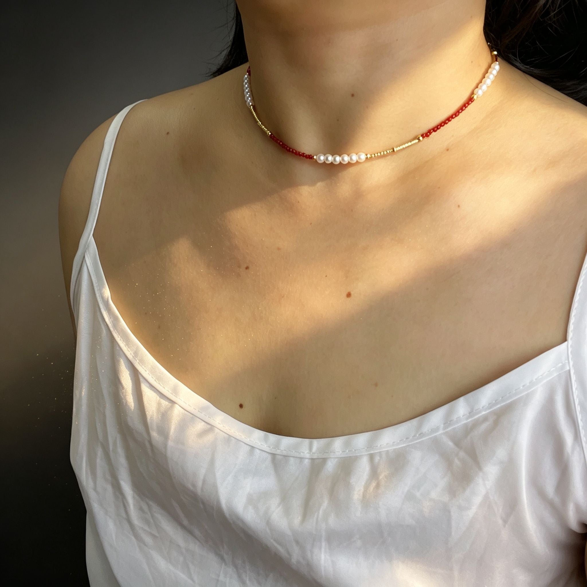 Handmade Red Crystal & Pearl Choker Necklace | Gold Tube Spacer Heart Charm Extender