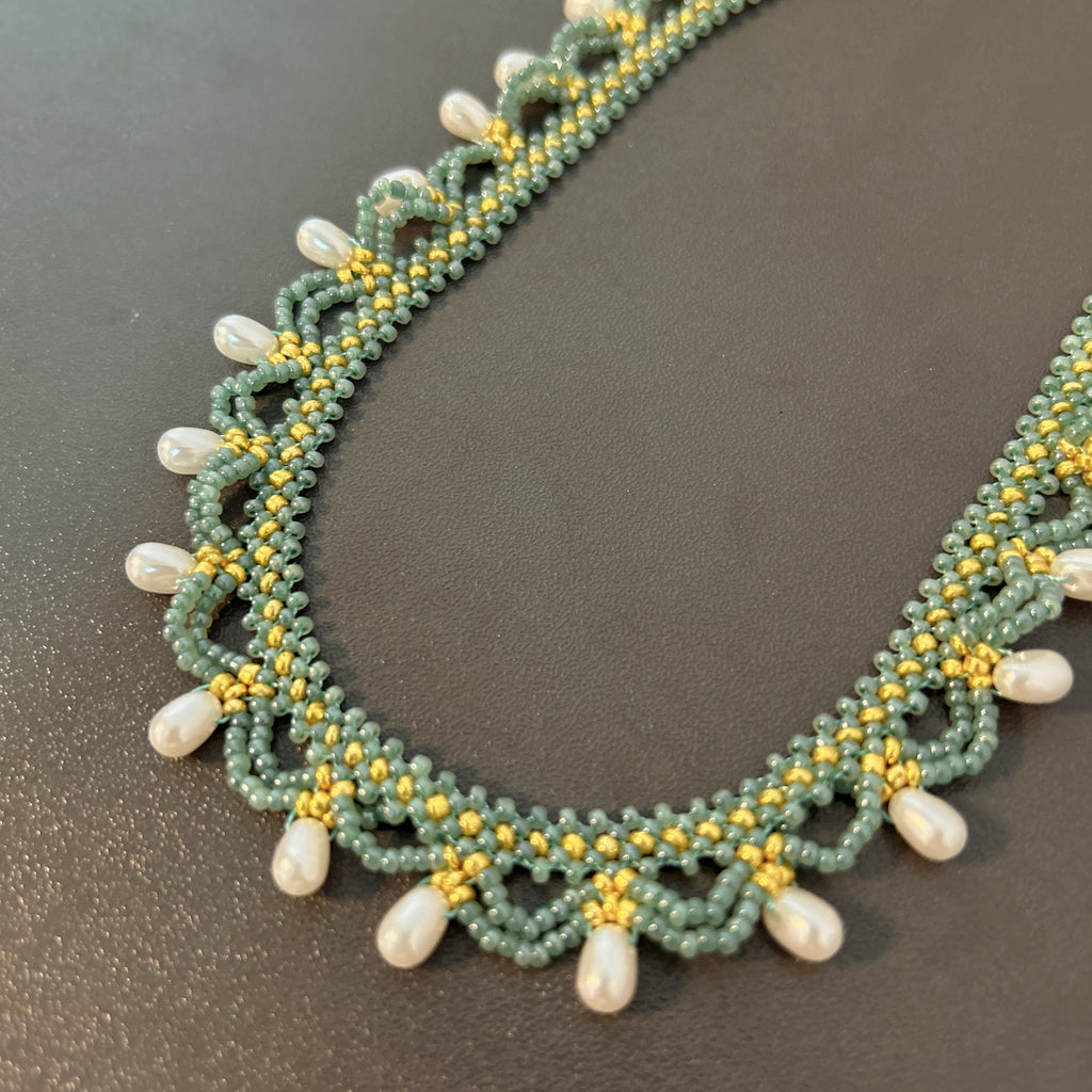 Handmade Teal & Yellow-Green Wave Lace Beaded Choker Necklace | Freshwater Pearl Drop Fringe Ocean Boho Collar