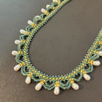 Handmade Teal & Yellow-Green Wave Lace Beaded Choker Necklace | Freshwater Pearl Drop Fringe Ocean Boho Collar