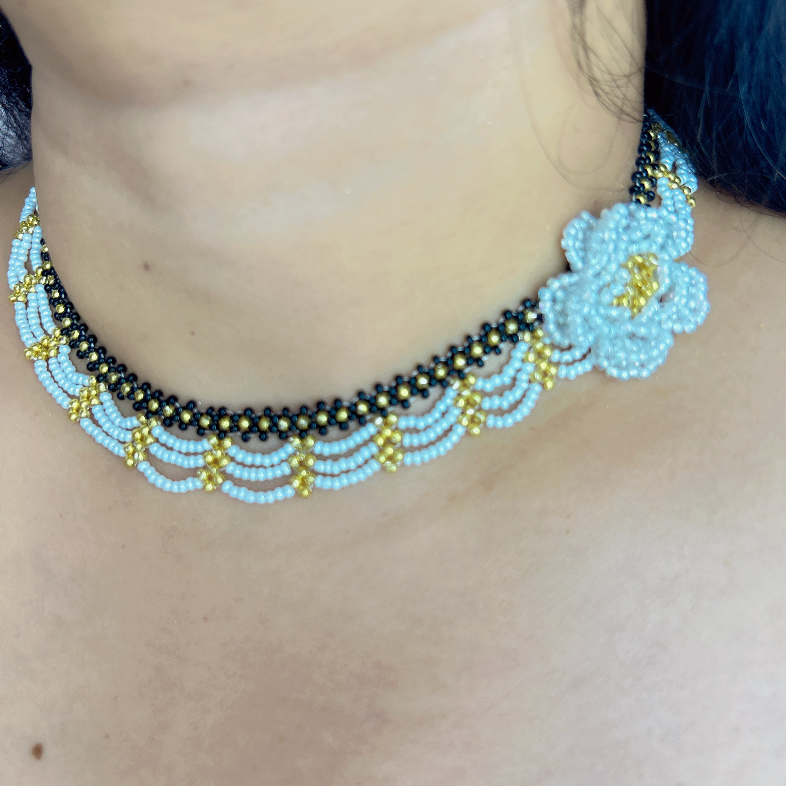 Handmade Black & White Wave Lace Beaded Choker Necklace | 3D White Rose Center Yellow-Green Stamen Cottagecore