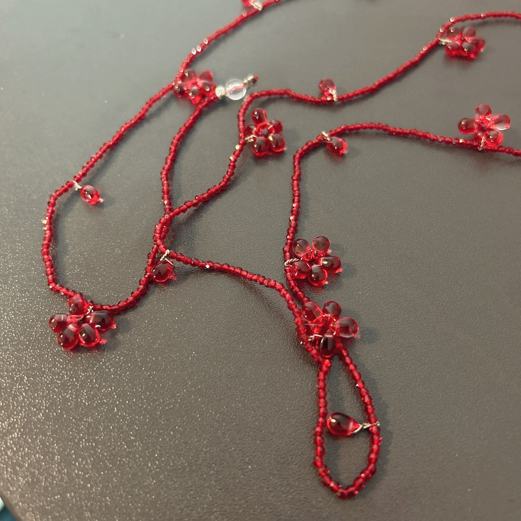 Handmade Deep Red Seed Bead Long Wrap Necklace | Scattered Flower Bead Crystal Drop Lariat Boho Statement