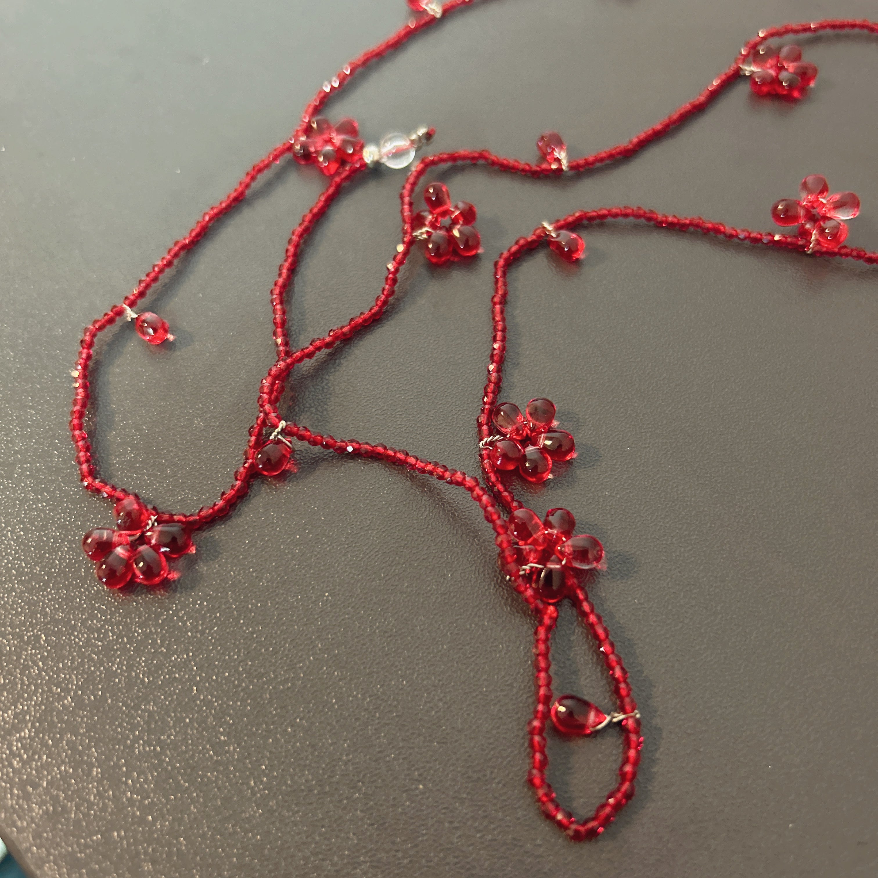 Handmade Deep Red Seed Bead Long Wrap Necklace | Scattered Flower Bead Crystal Drop Lariat Boho Statement