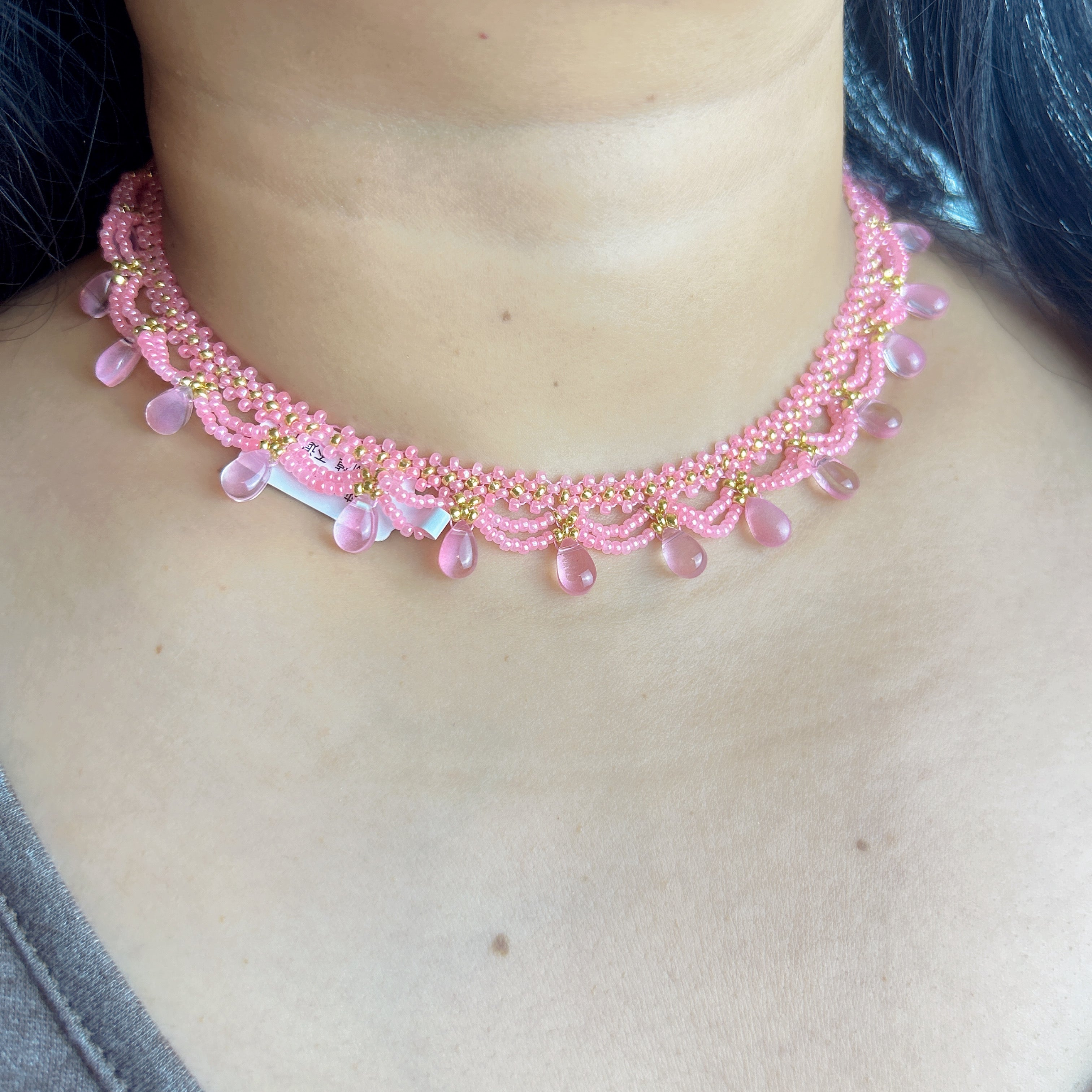 Handmade Pink & Gold Wave Lace Beaded Choker Necklace | Pink Crystal Teardrop Drop Fringe Y2K Princess Collar