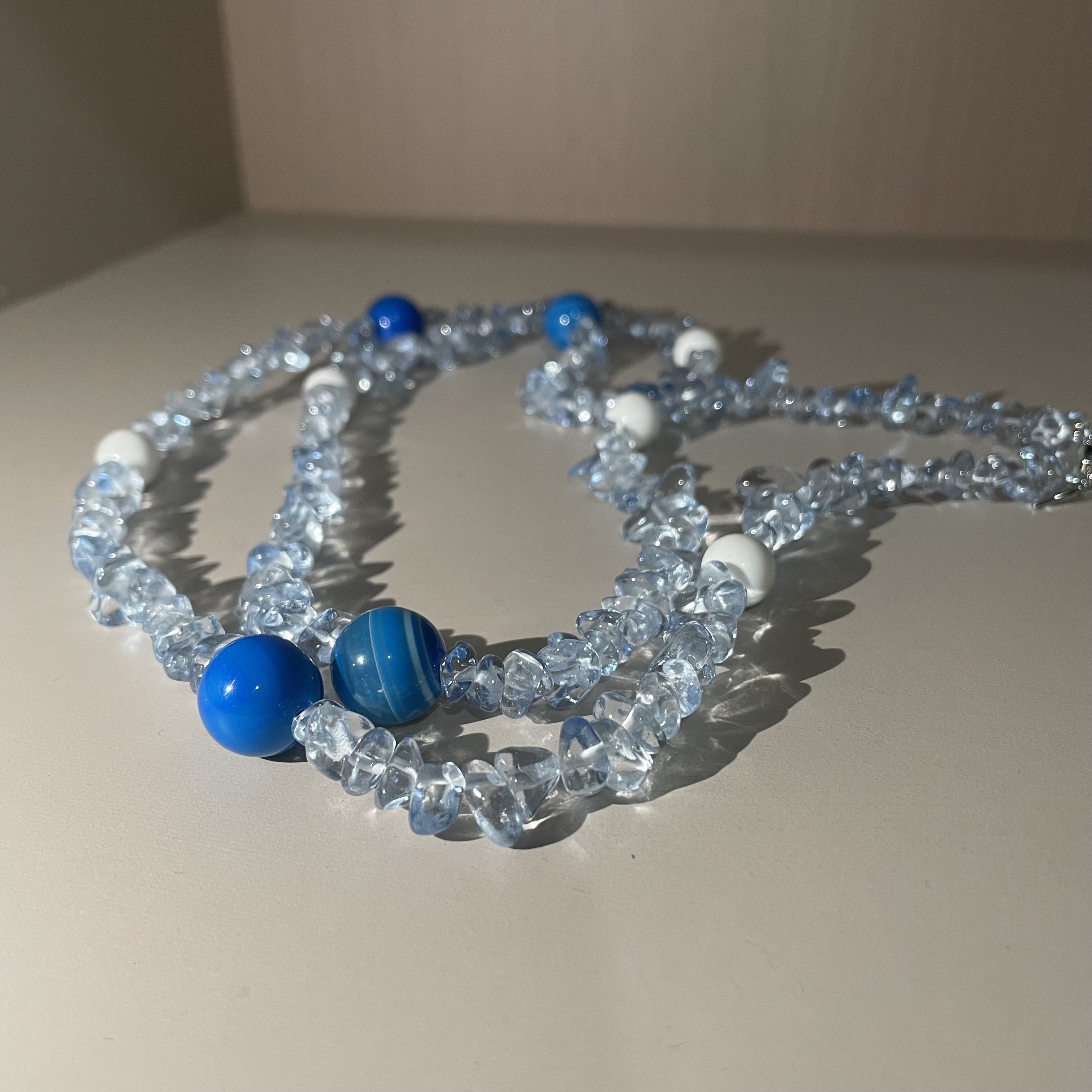 Handmade Crystal Chip & Blue Agate Bead Long Necklace | Wrap Choker Style