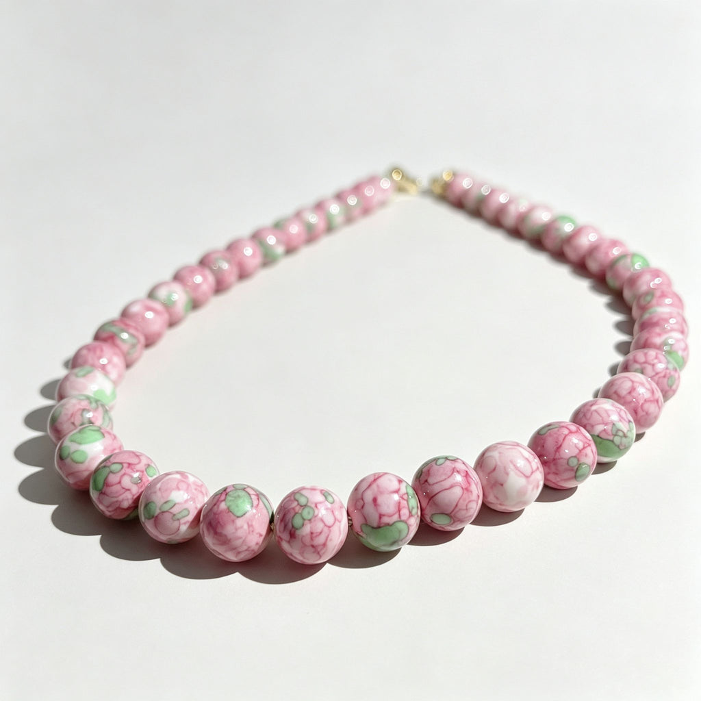 Handmade Pink Floral Ceramic Bead Choker Necklace | Cottagecore Enamel Jewelry