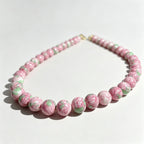 Handmade Pink Floral Ceramic Bead Choker Necklace | Cottagecore Enamel Jewelry