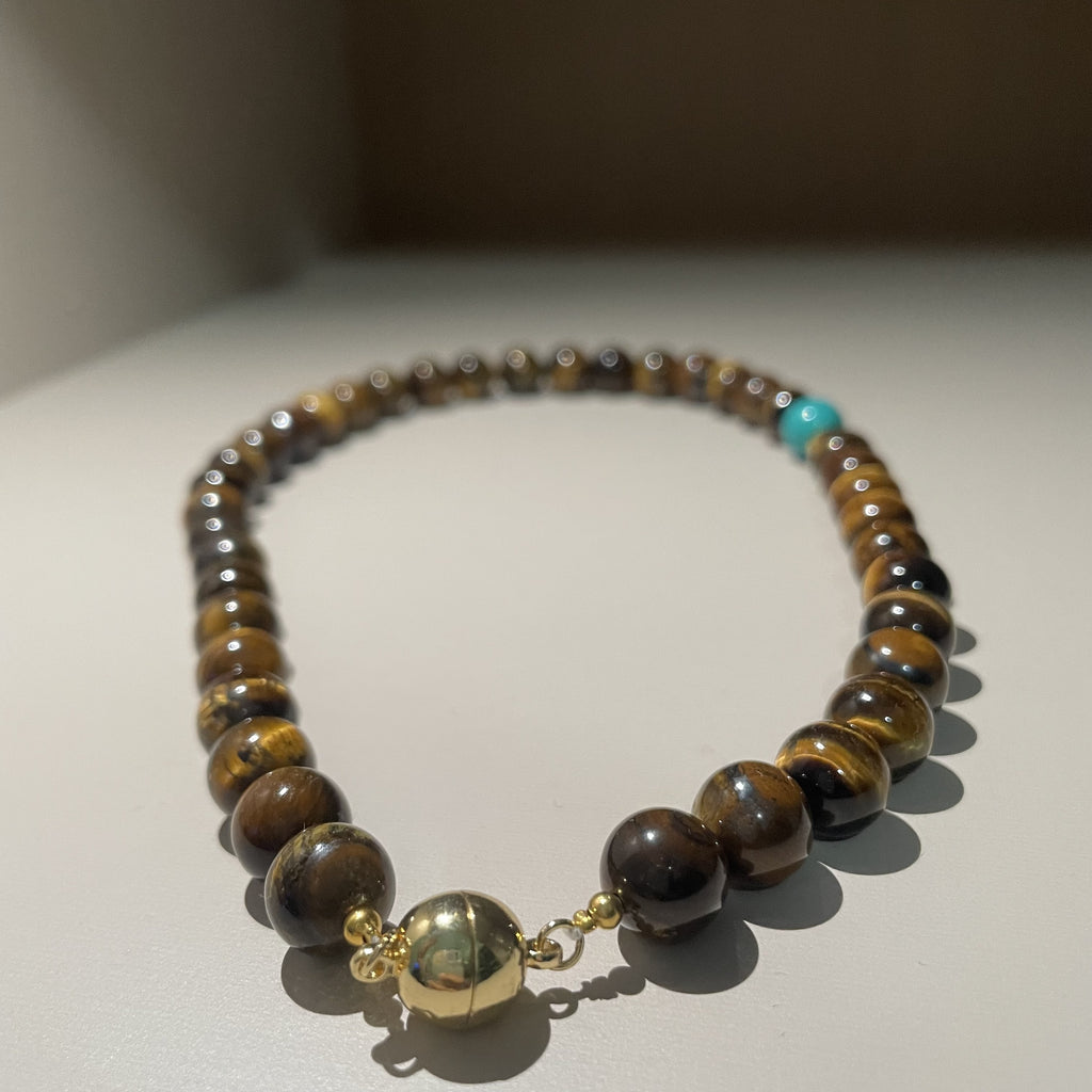 Handmade Tiger Eye & Turquoise Bead Choker Necklace | Natural Stone Gold Spacer Jewelry