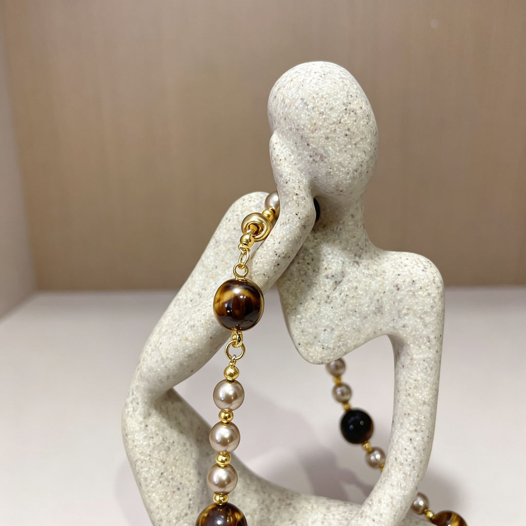 Handmade Tiger Eye & Metal Bead Choker Necklace | Natural Stone Silver Gold Spacer