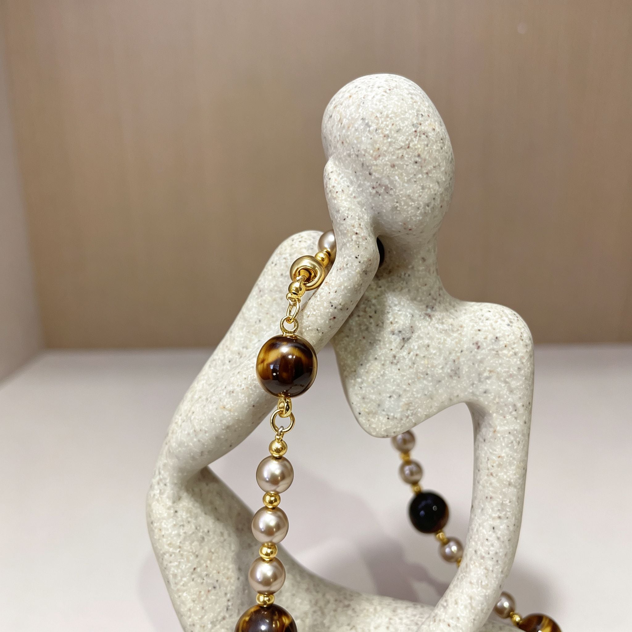 Handmade Tiger Eye & Metal Bead Choker Necklace | Natural Stone Silver Gold Spacer