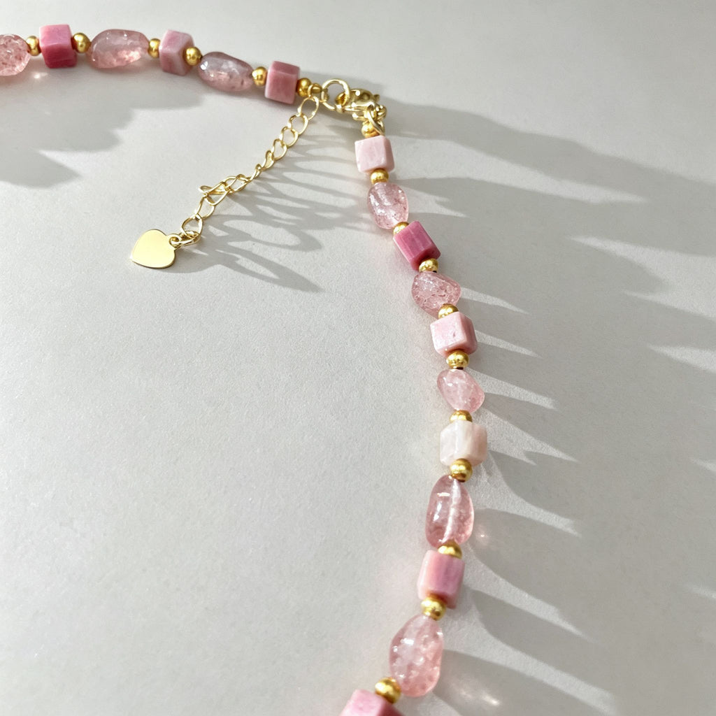 Handmade Strawberry Quartz Mixed Shape Bead Choker Necklace | Pink Natural Stone Gold Spacer